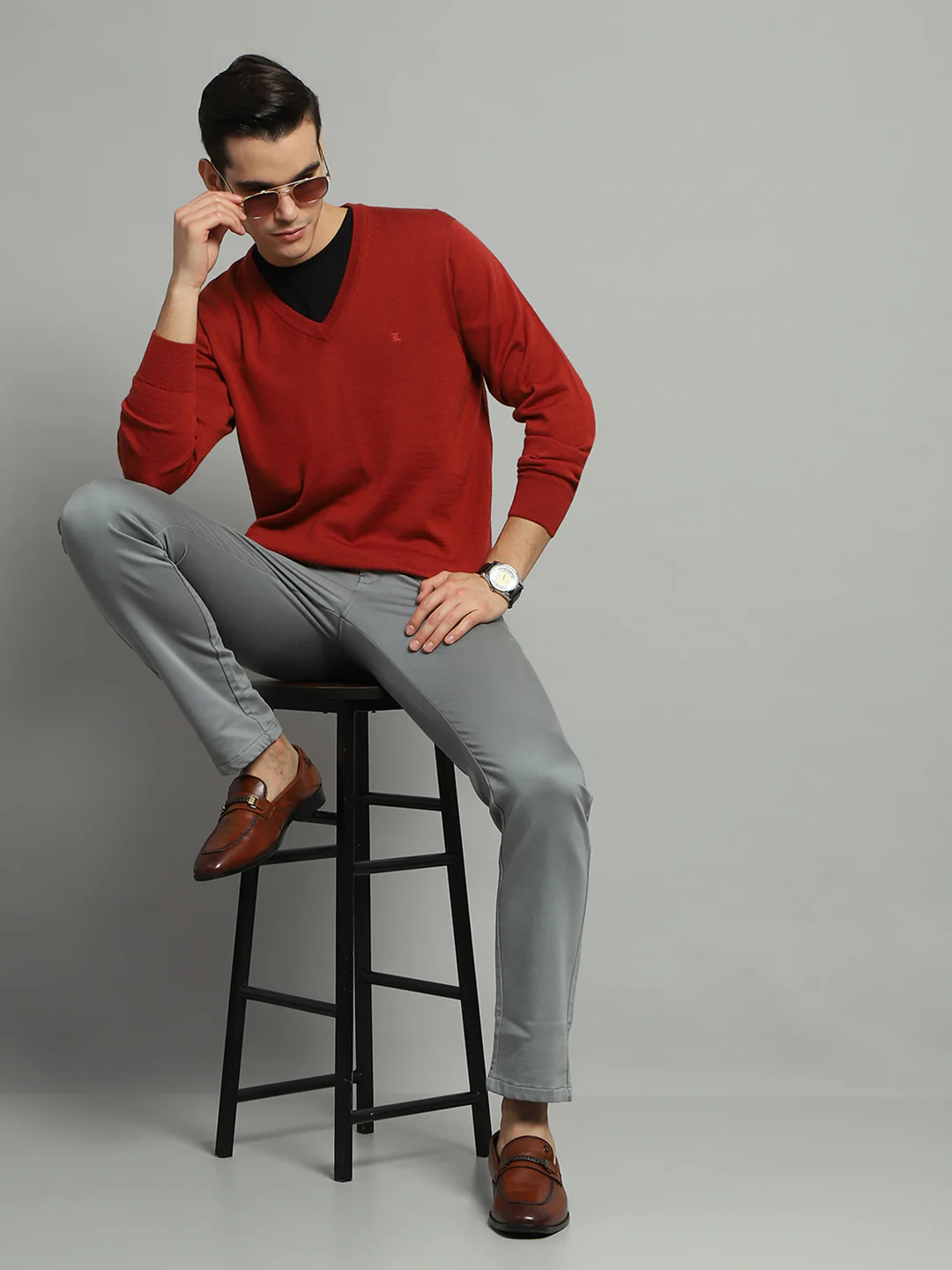 Luxuria Men Rust Solid V Neck Full Sleeve Pullover - Image 2