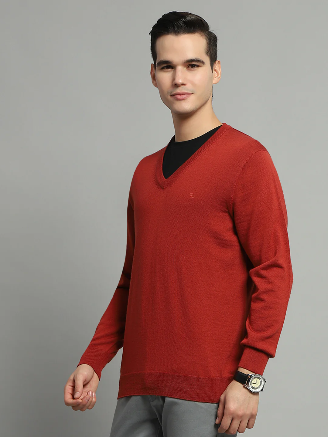Luxuria Men Rust Solid V Neck Full Sleeve Pullover - Image 3