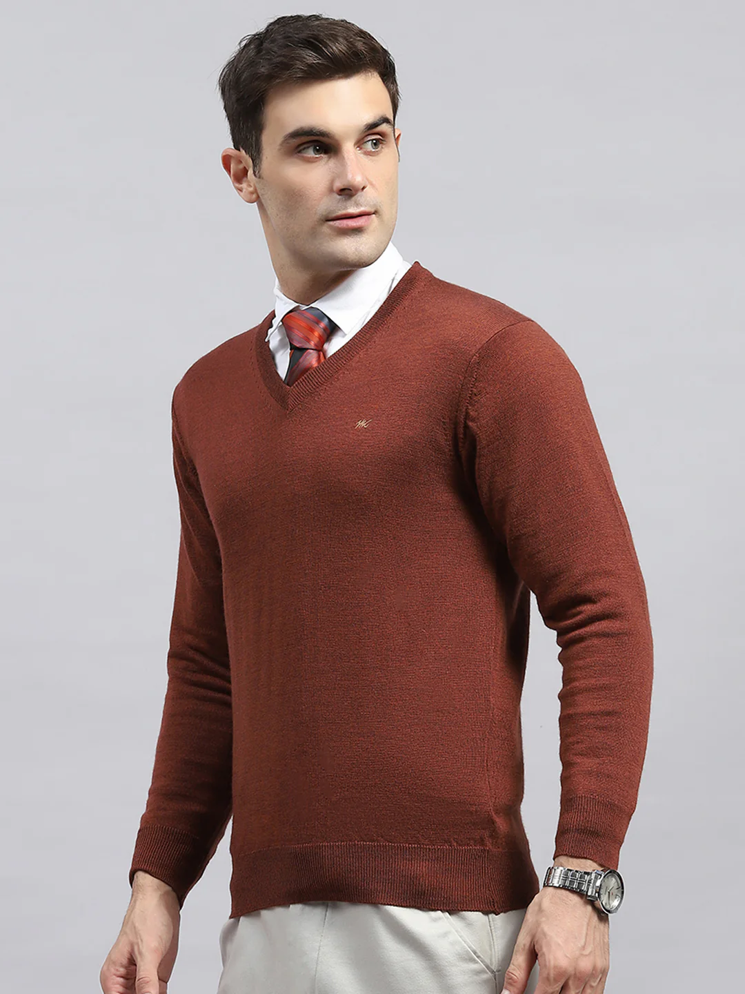 Men Rust Solid V Neck Full Sleeve Pullover - Image 3
