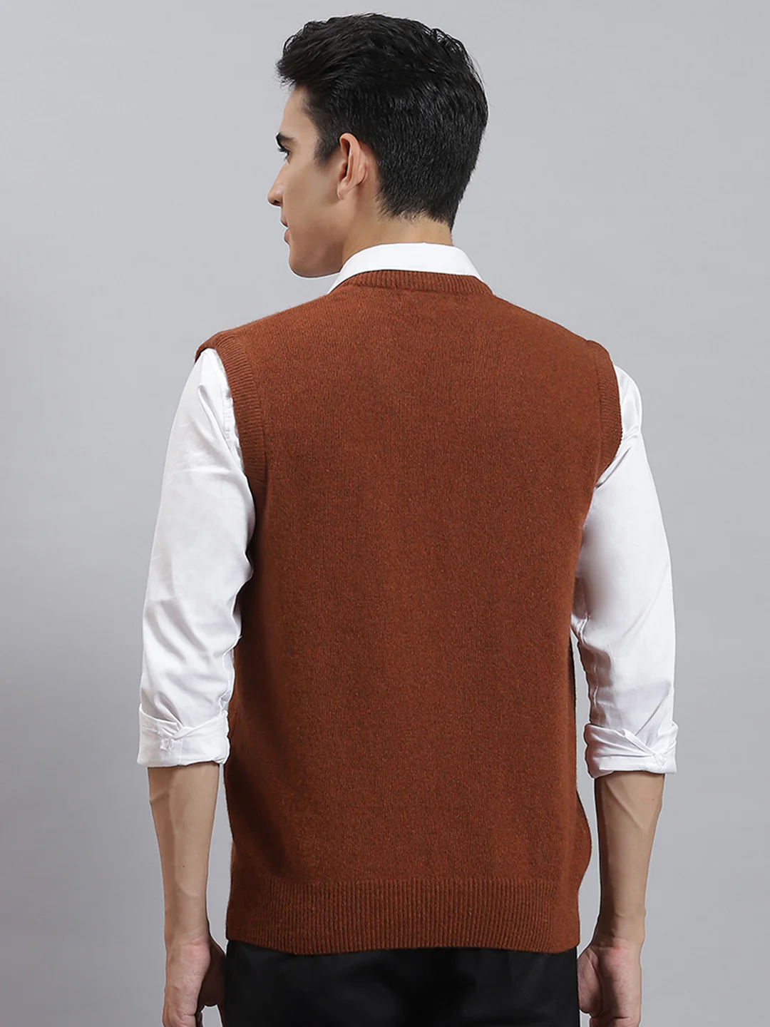Men Rust Solid V Neck Sleeveless Sweaters/Pullovers - Image 5