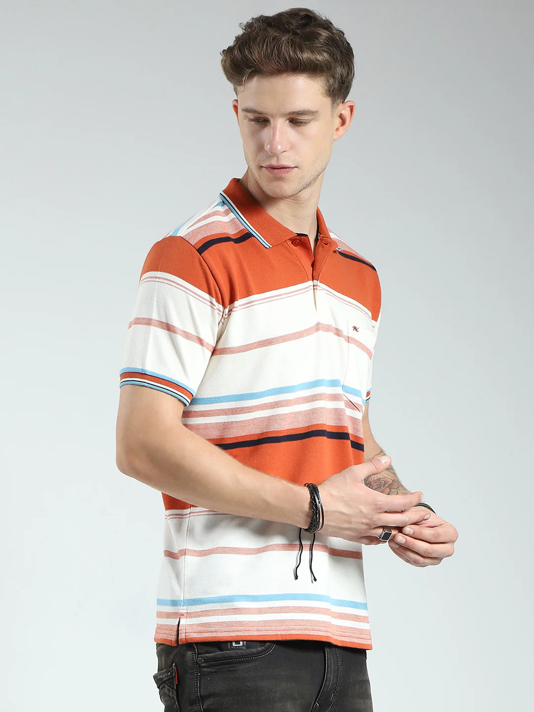 Men Rust Stripe Collar Half Sleeve T-Shirt - Image 4