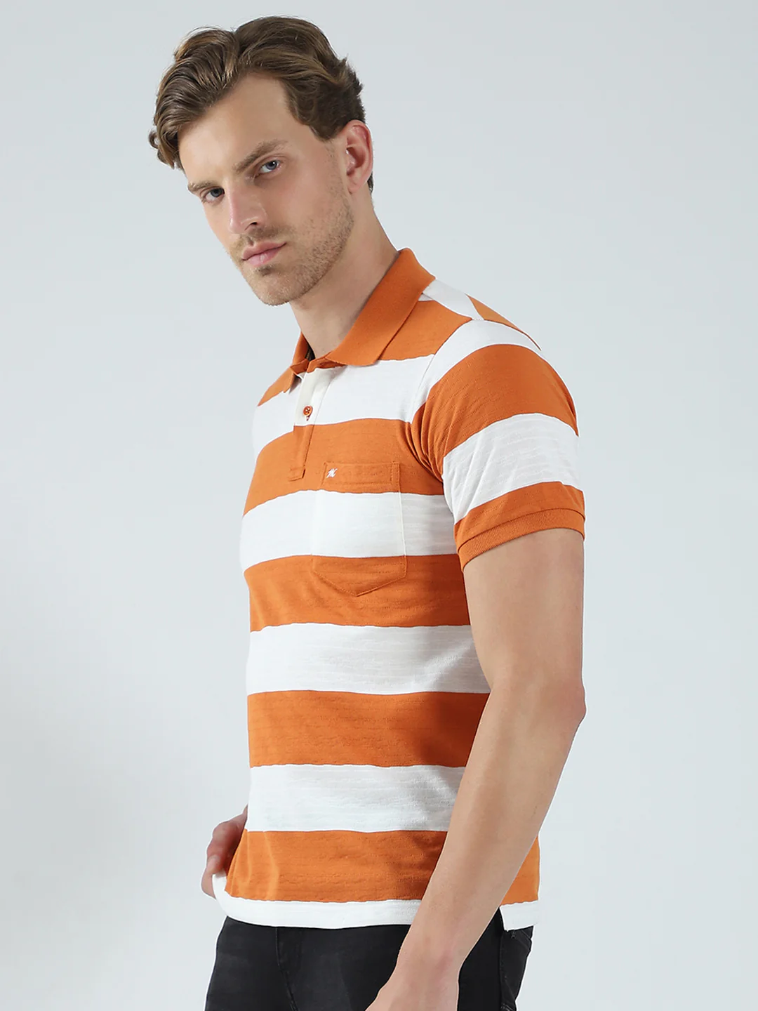 Men Rust Stripe Collar Half Sleeve T-Shirt - Image 3