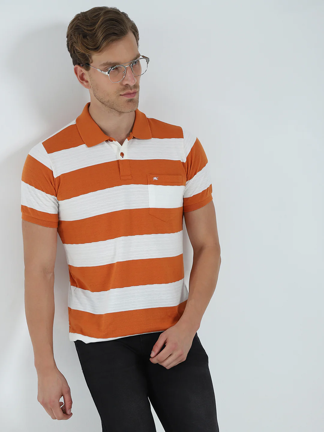 Men Rust Stripe Collar Half Sleeve T-Shirt - Image 6