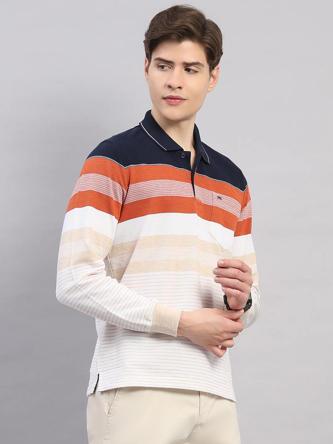 Men Rust Stripe Polo Collar Full Sleeve Winter T-Shirt - Image 4