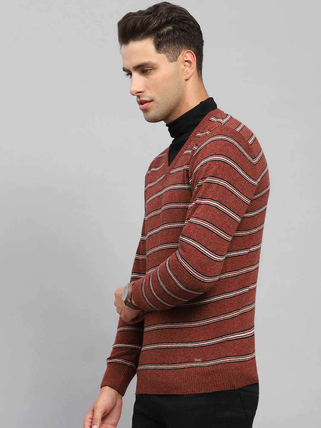 Men Rust Stripe V Neck Full Sleeve Pullover - Image 3