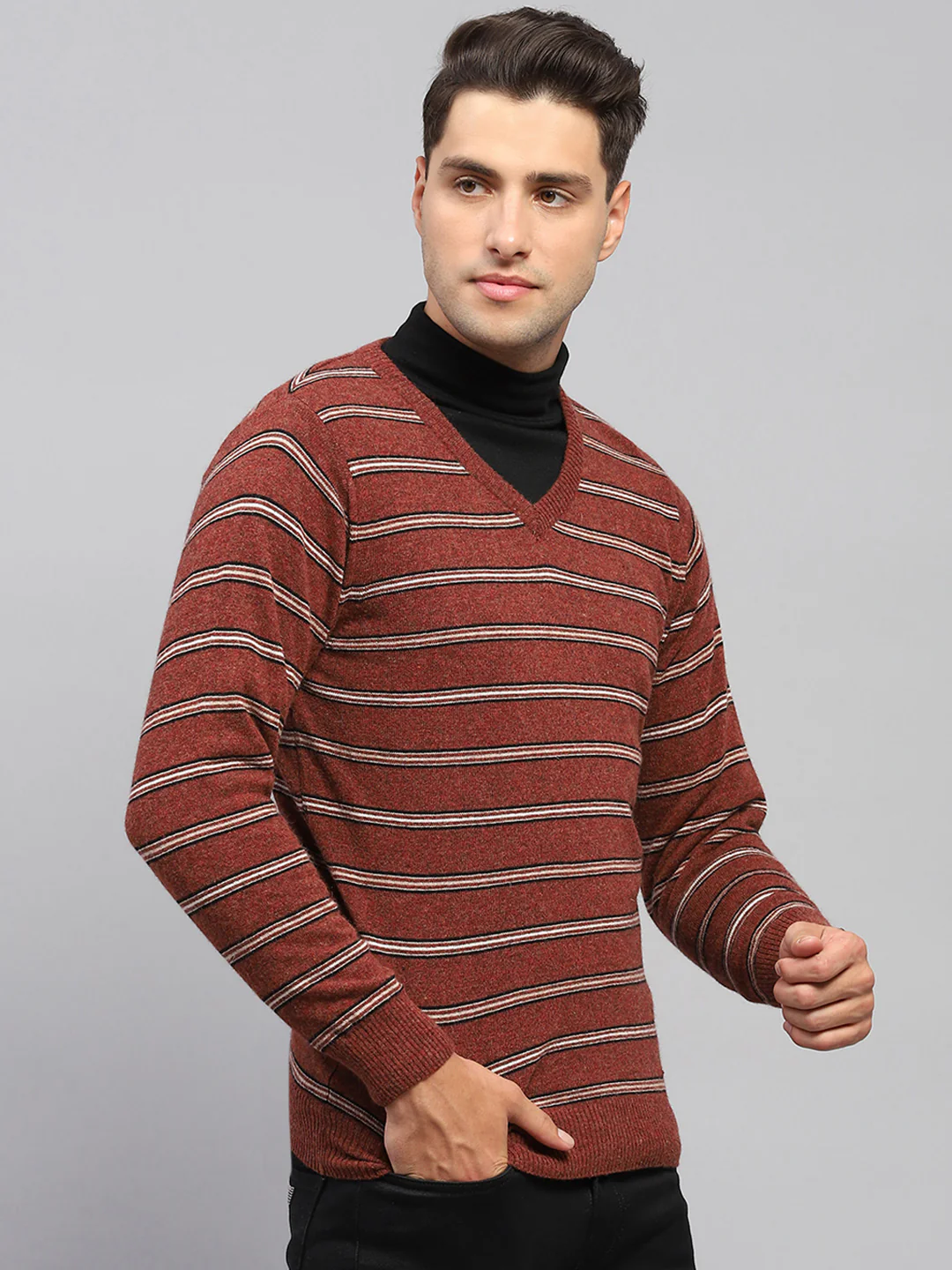 Men Rust Stripe V Neck Full Sleeve Pullover - Image 4
