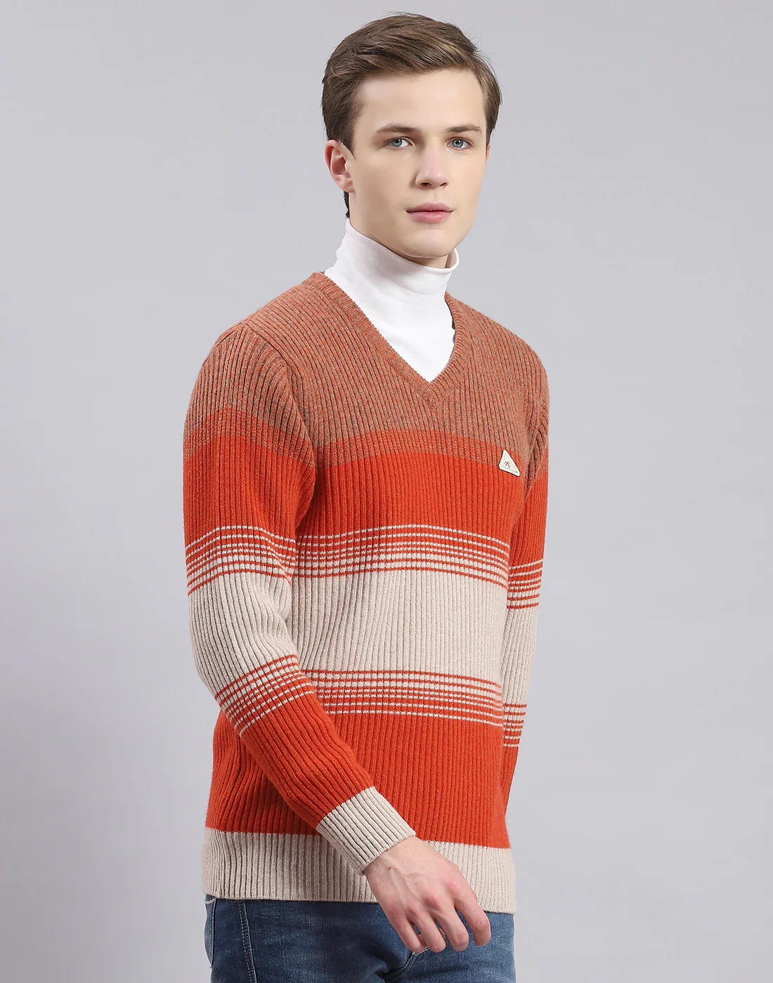 Men Rust Stripe V Neck Full Sleeve Sweater - Image 4