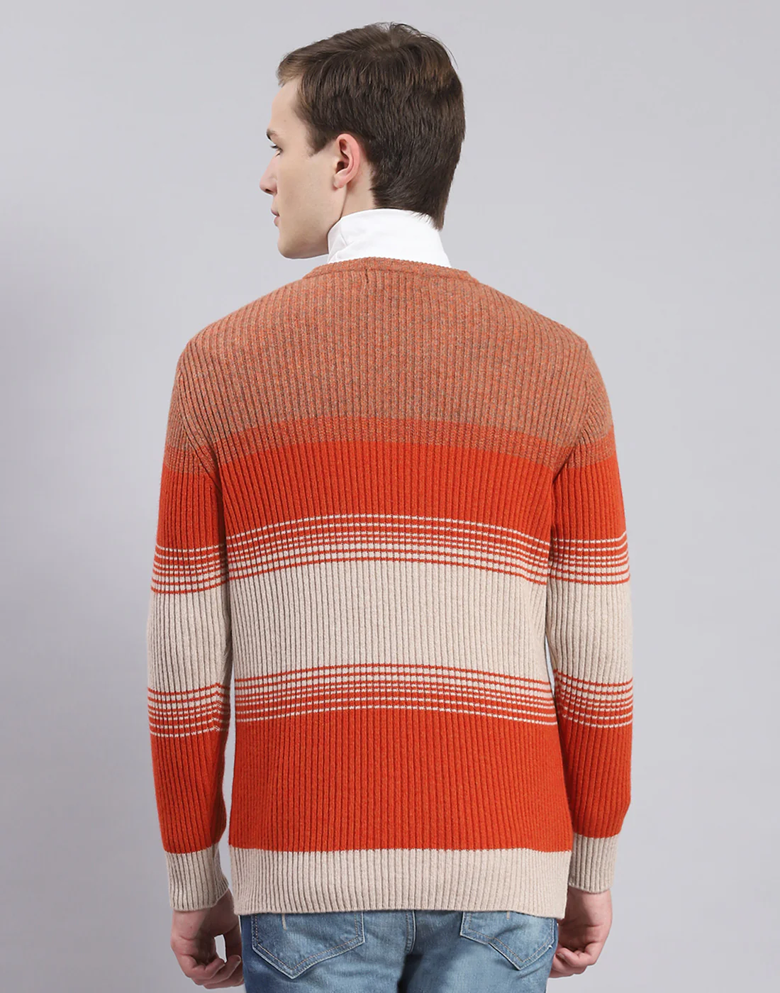 Men Rust Stripe V Neck Full Sleeve Sweater - Image 5