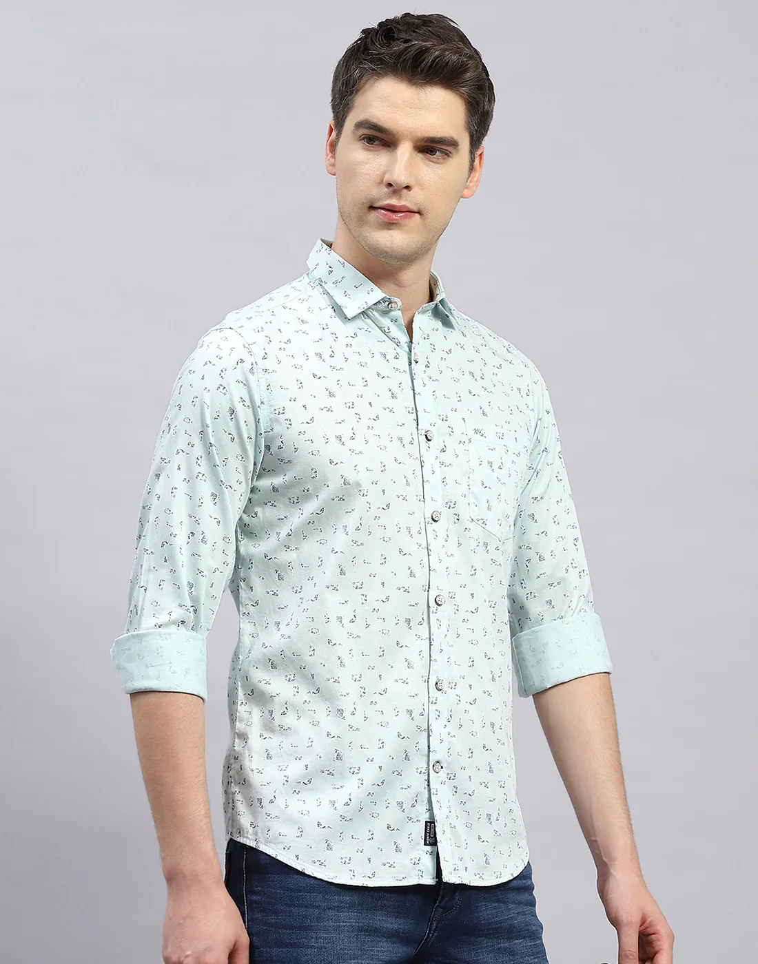 Men Sea Green Printed Collar Full Sleeve Shirt - Image 5
