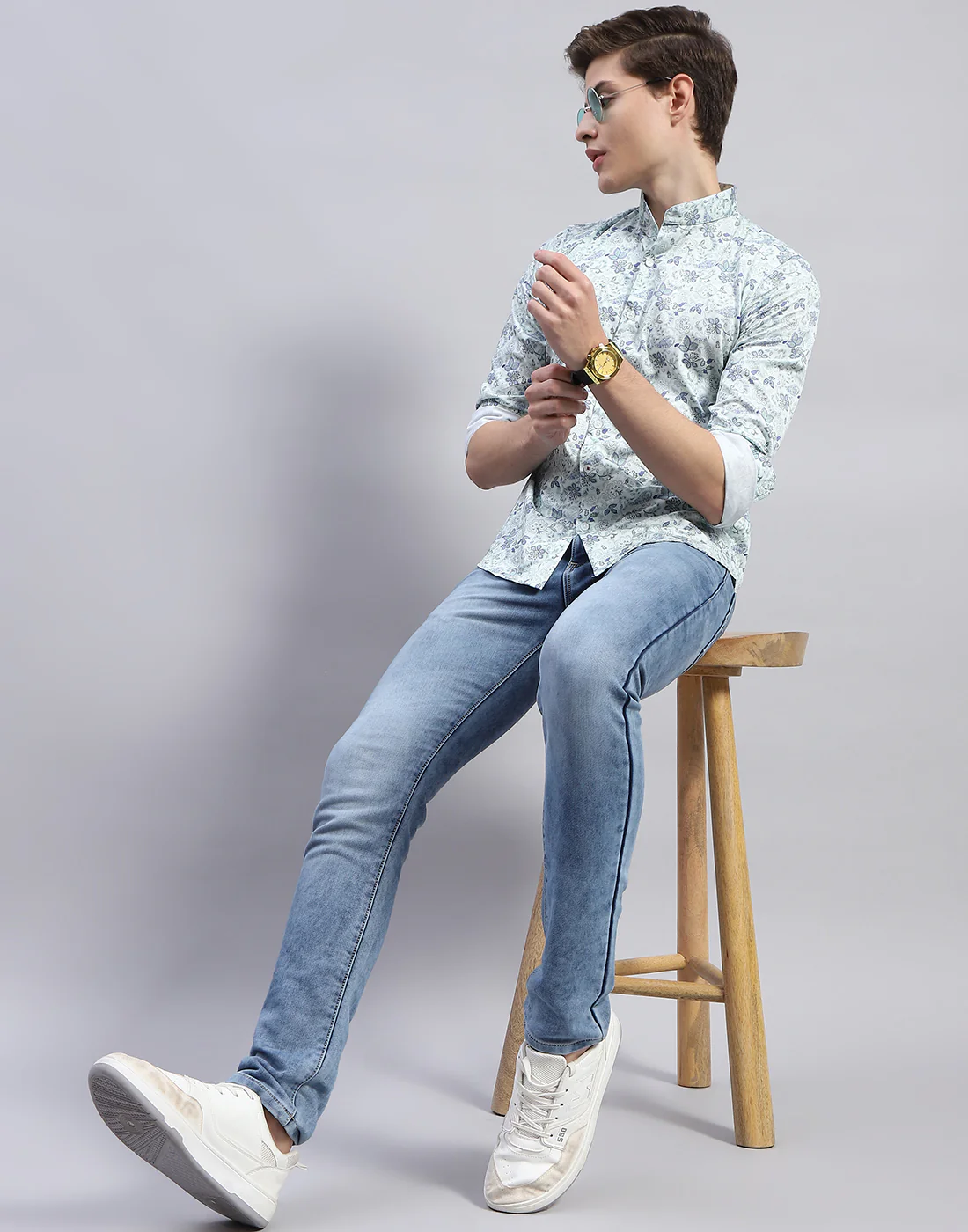 Men Sea Green Printed Mandarin Collar Full Sleeve Shirt - Image 2