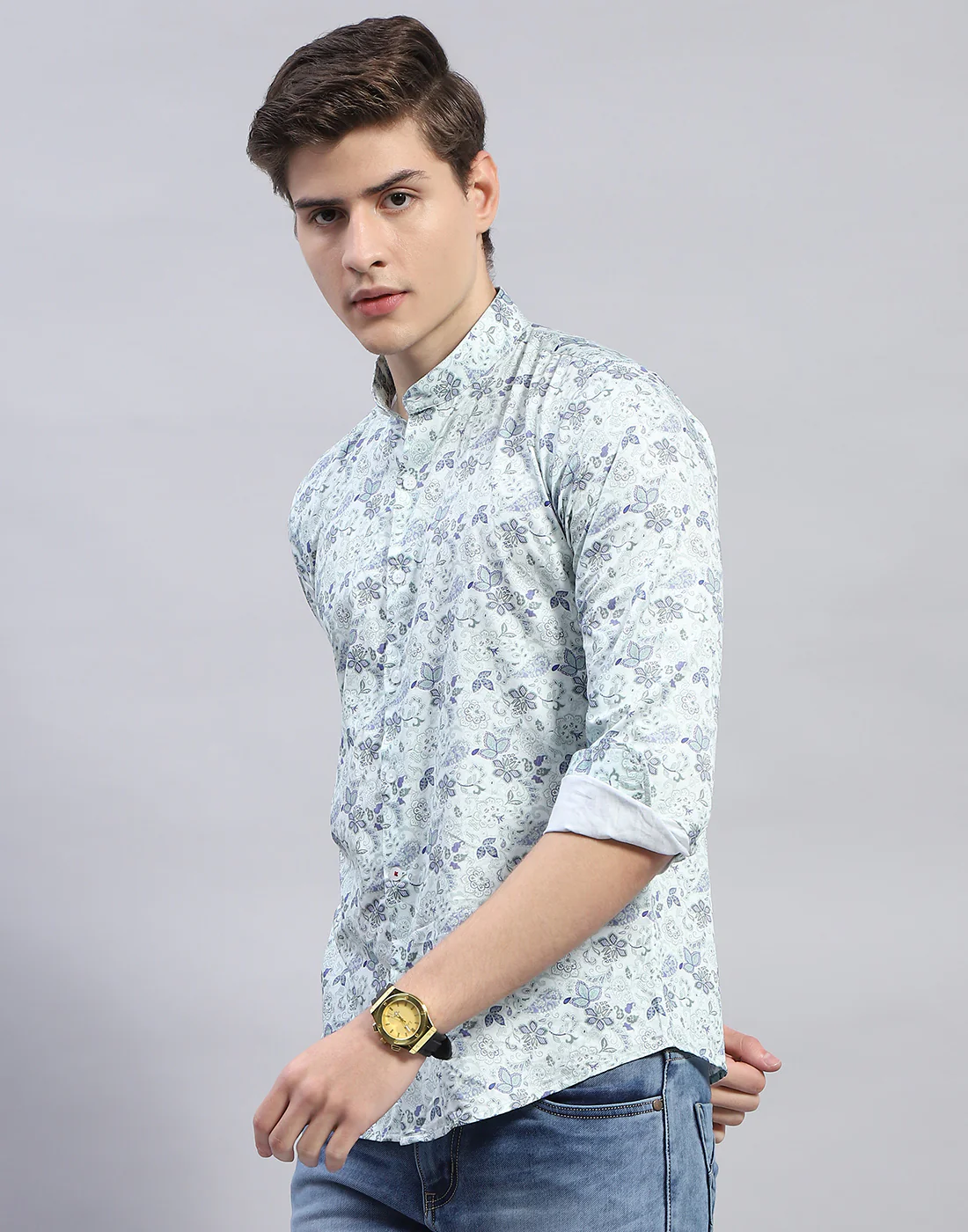 Men Sea Green Printed Mandarin Collar Full Sleeve Shirt - Image 4