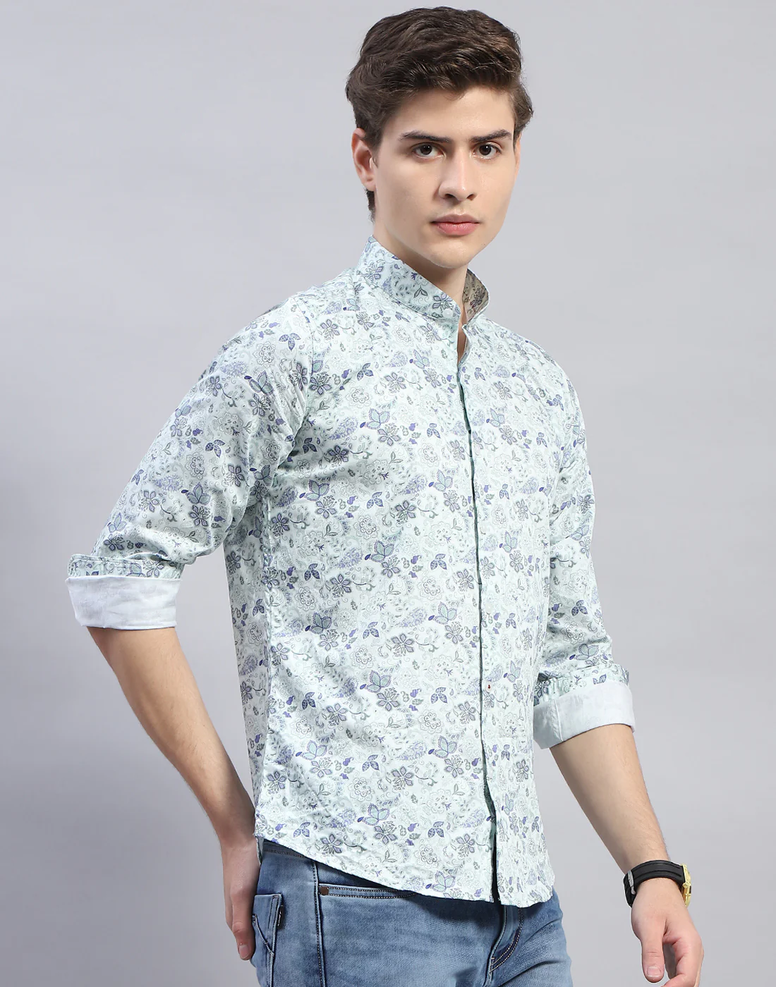 Men Sea Green Printed Mandarin Collar Full Sleeve Shirt - Image 5