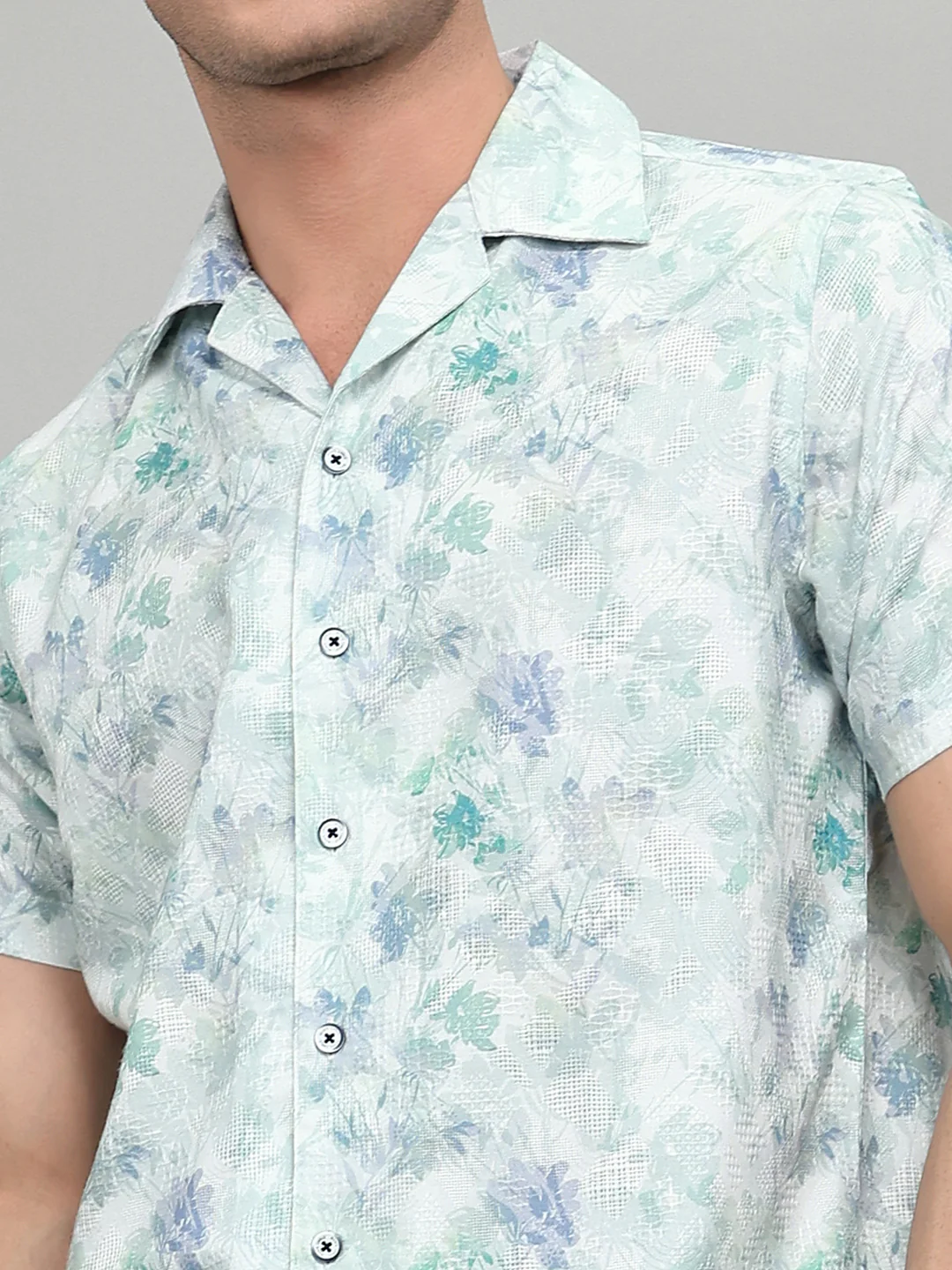 Men Sea Green Printed Round Neck Half Sleeve Cords Set - Image 4