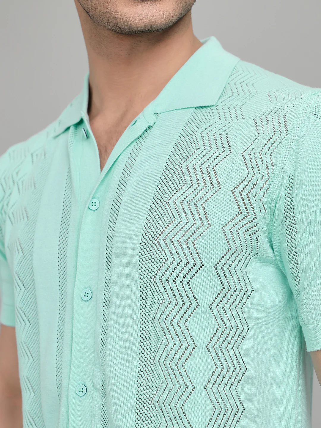 Men Sea Green Self Design Collar Half Sleeve Shirt - Image 4