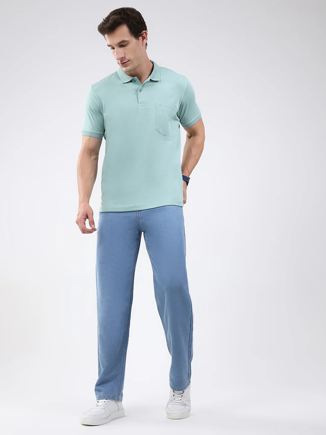 Men Sea Green Solid Collar Half Sleeve T-Shirt - Image 2