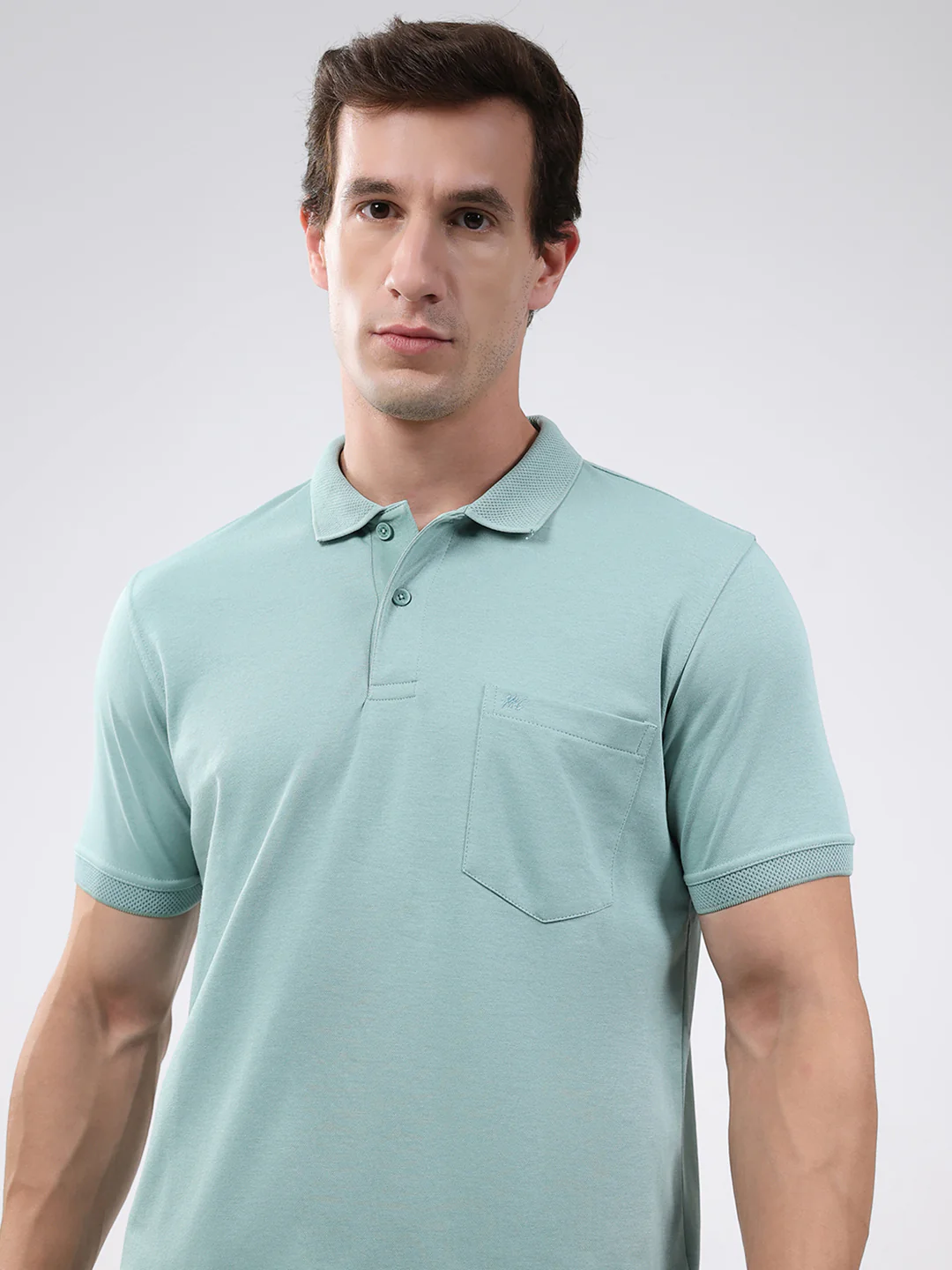 Men Sea Green Solid Collar Half Sleeve T-Shirt - Image 6