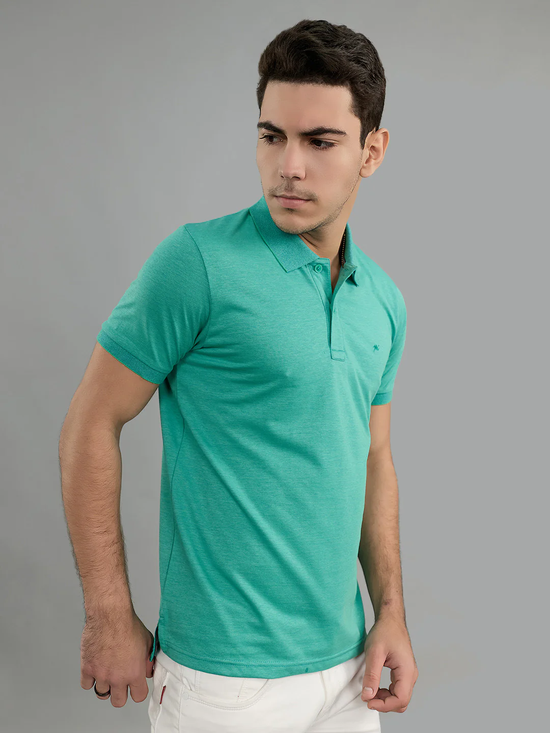 Men Sea Green Solid Collar Half Sleeve T-Shirt - Image 2