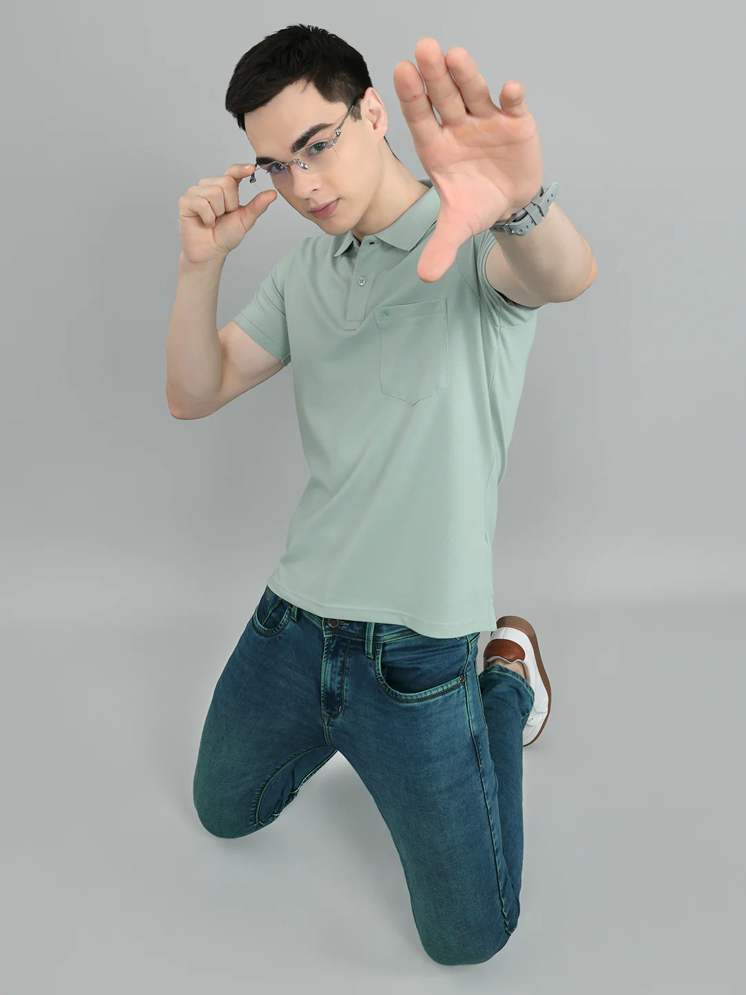 Men Sea Green Solid Collar Half Sleeve T-Shirt - Image 7