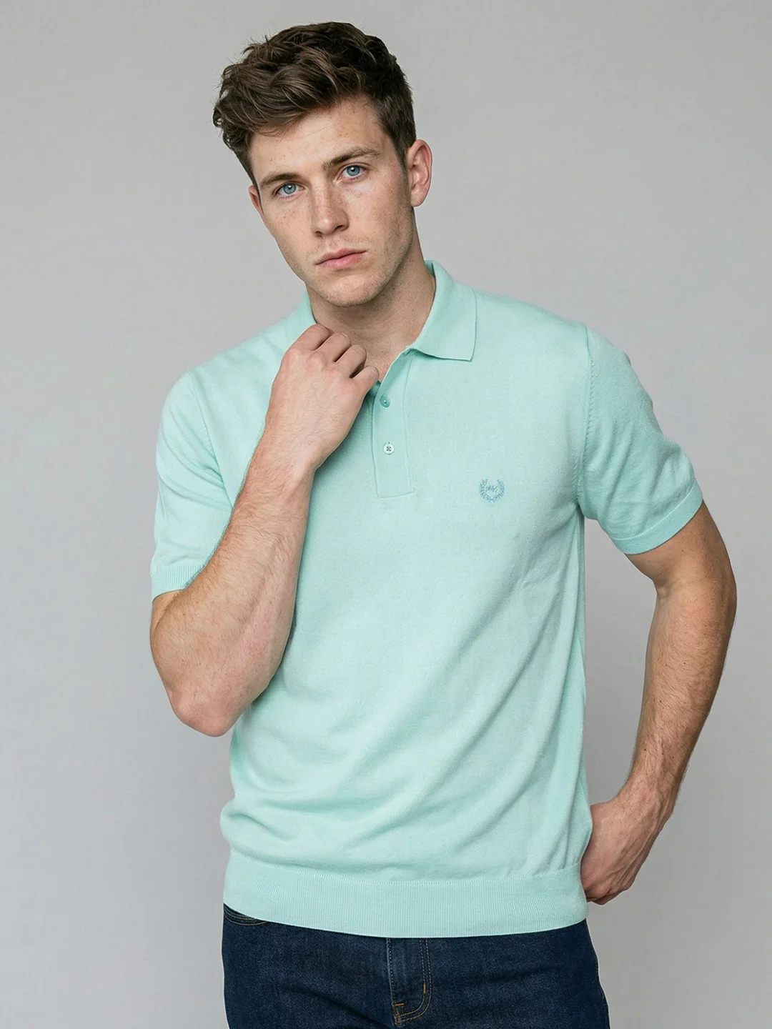 Men Sea Green Solid Collar Half Sleeve T-Shirt - Image 3