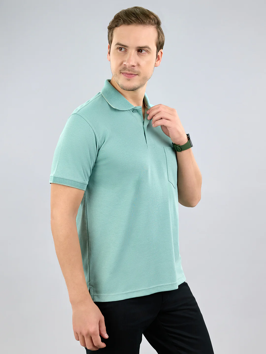 Men Sea Green Solid Polo Collar Half Sleeve T-Shirt - Image 3