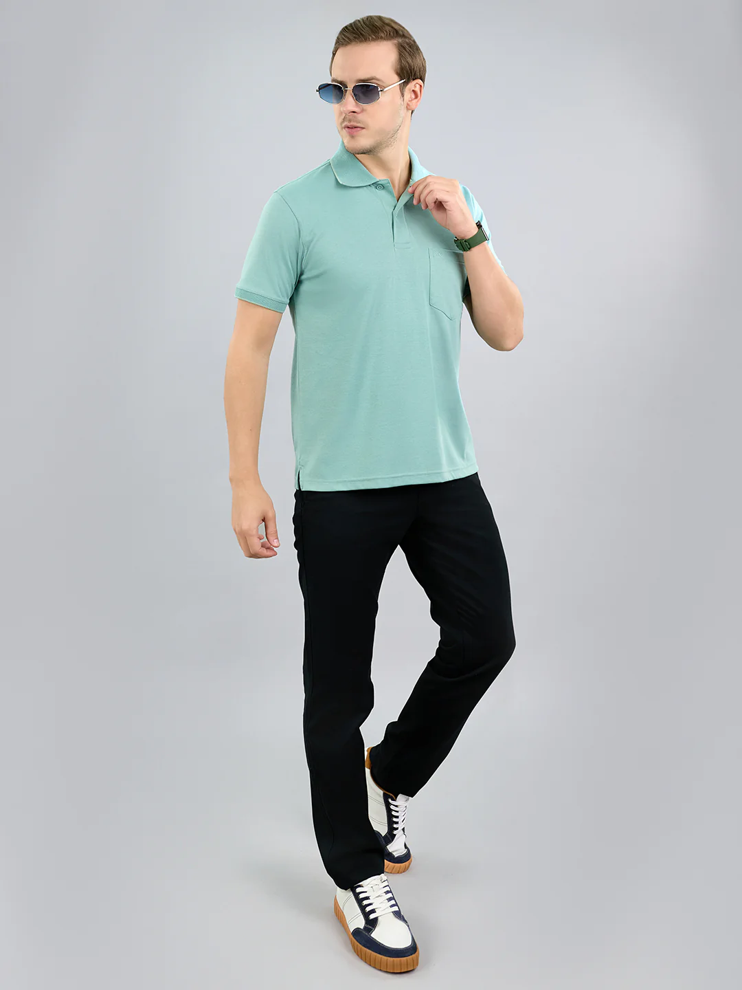 Men Sea Green Solid Polo Collar Half Sleeve T-Shirt - Image 6