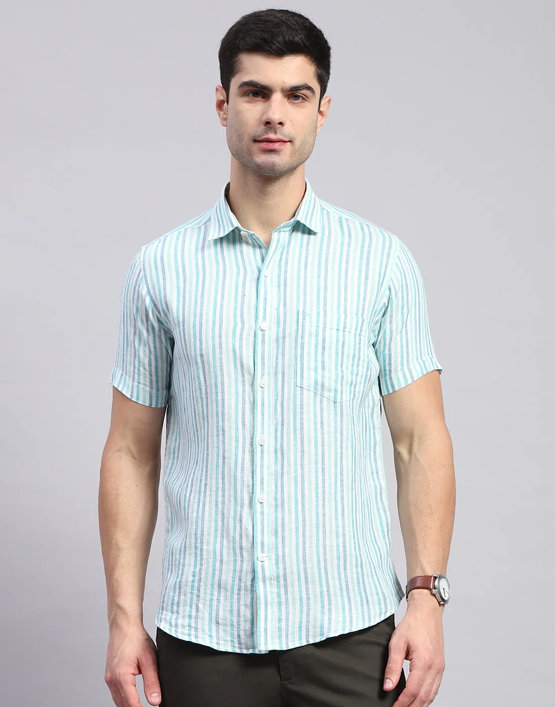 Men Sea Green Stripe Collar Half Sleeve Linen Shirt - Image 3