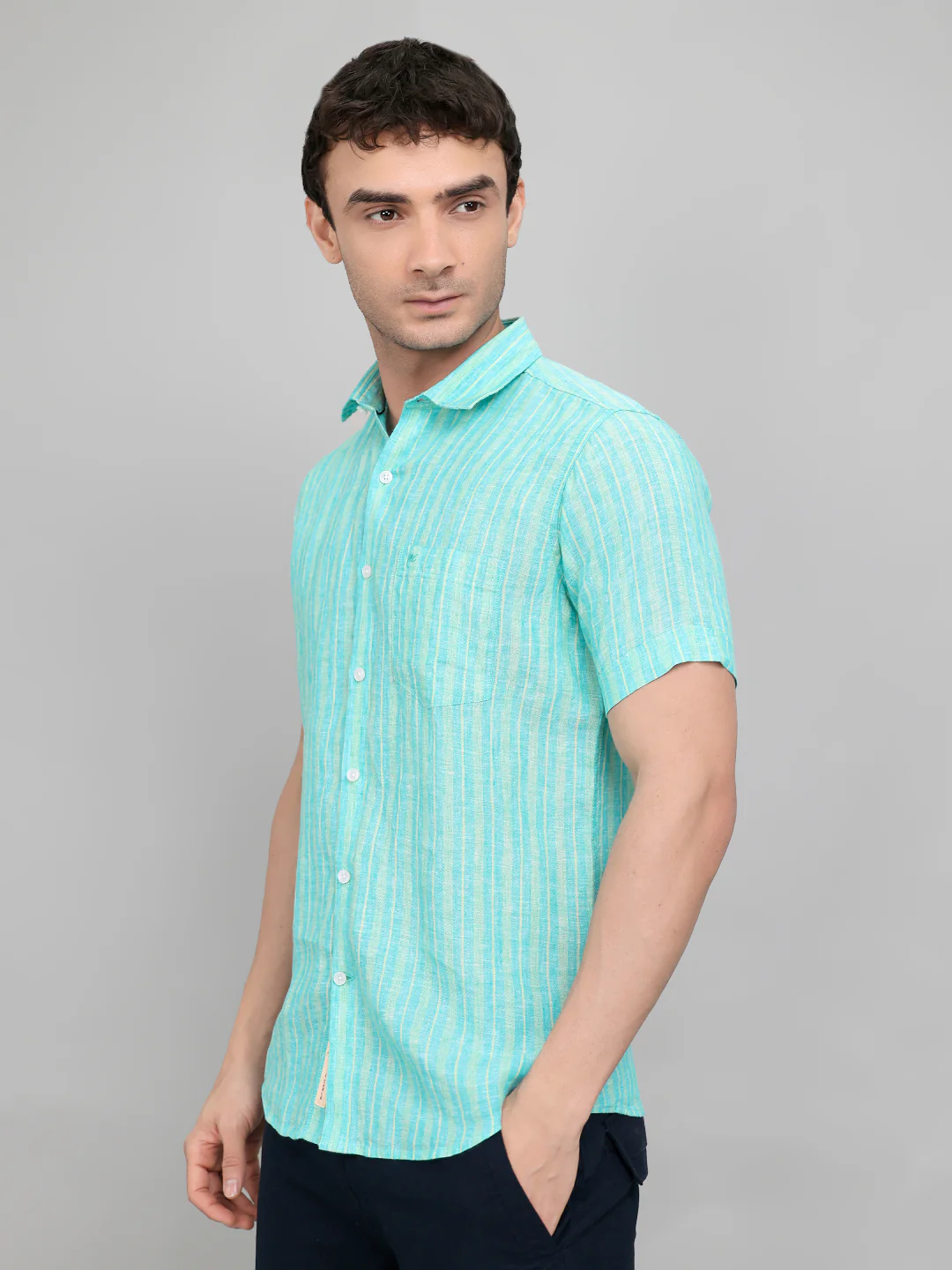 Men Sea Green Stripe Collar Half Sleeve Shirt - Image 2