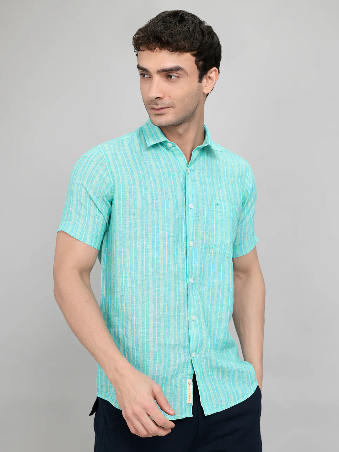 Men Sea Green Stripe Collar Half Sleeve Shirt - Image 3