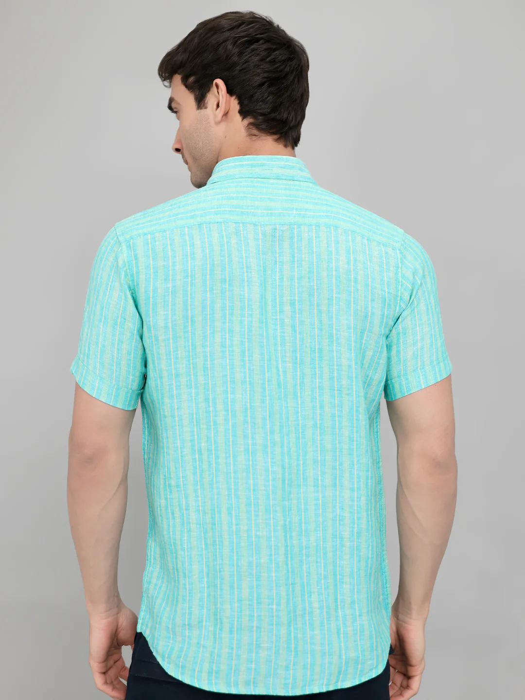 Men Sea Green Stripe Collar Half Sleeve Shirt - Image 5