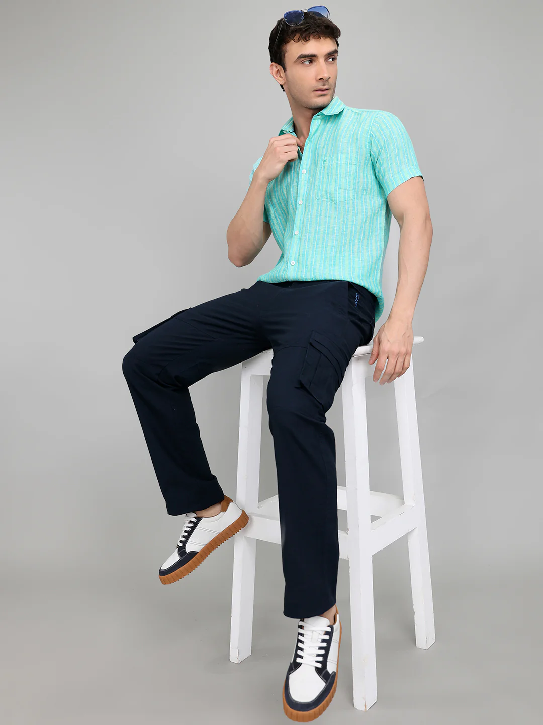 Men Sea Green Stripe Collar Half Sleeve Shirt - Image 6