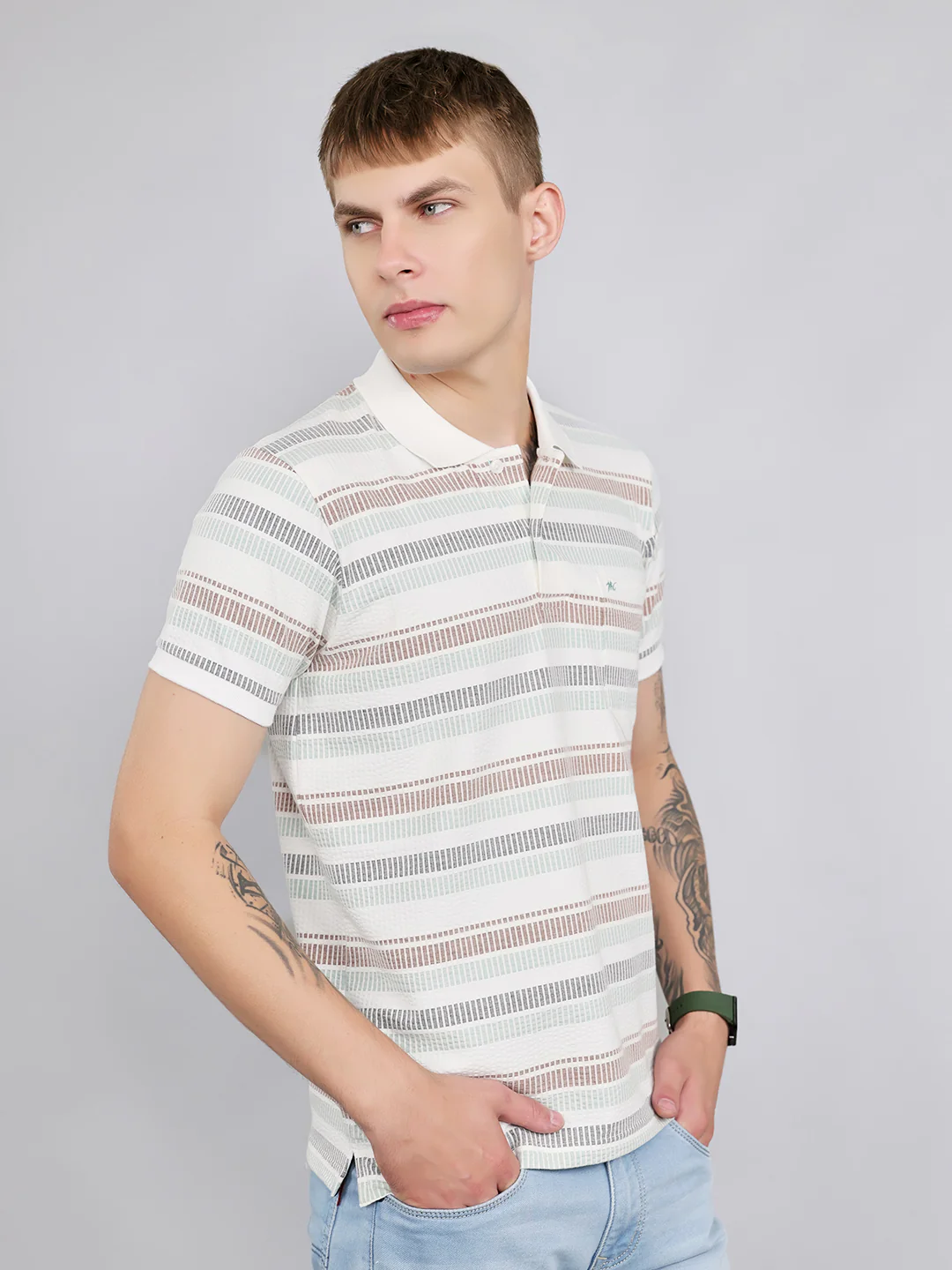 Men Sea Green Stripe Collar Half Sleeve T-Shirt - Image 3