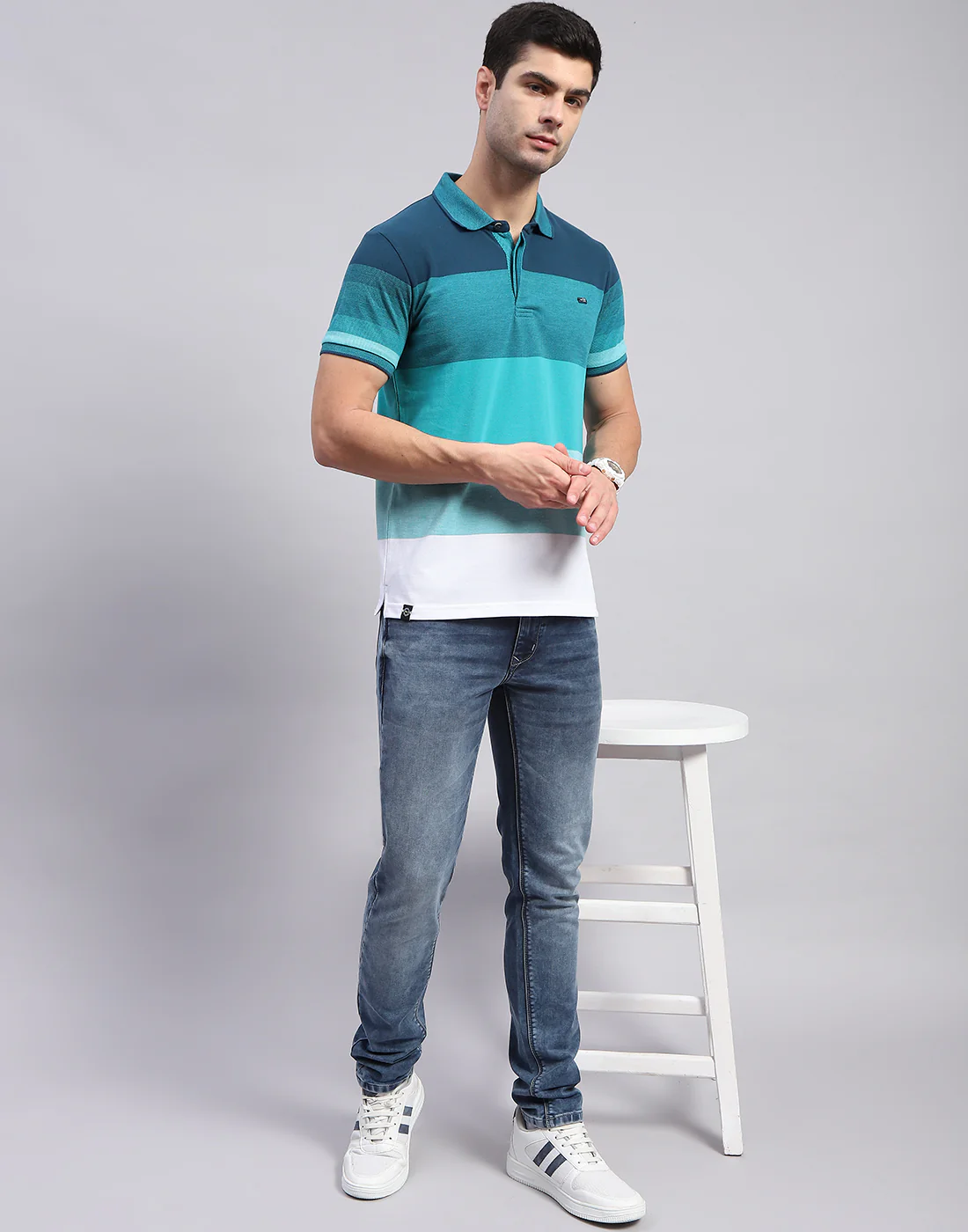 Men Sea Green Stripe Polo Collar Half Sleeve T-Shirt - Image 2