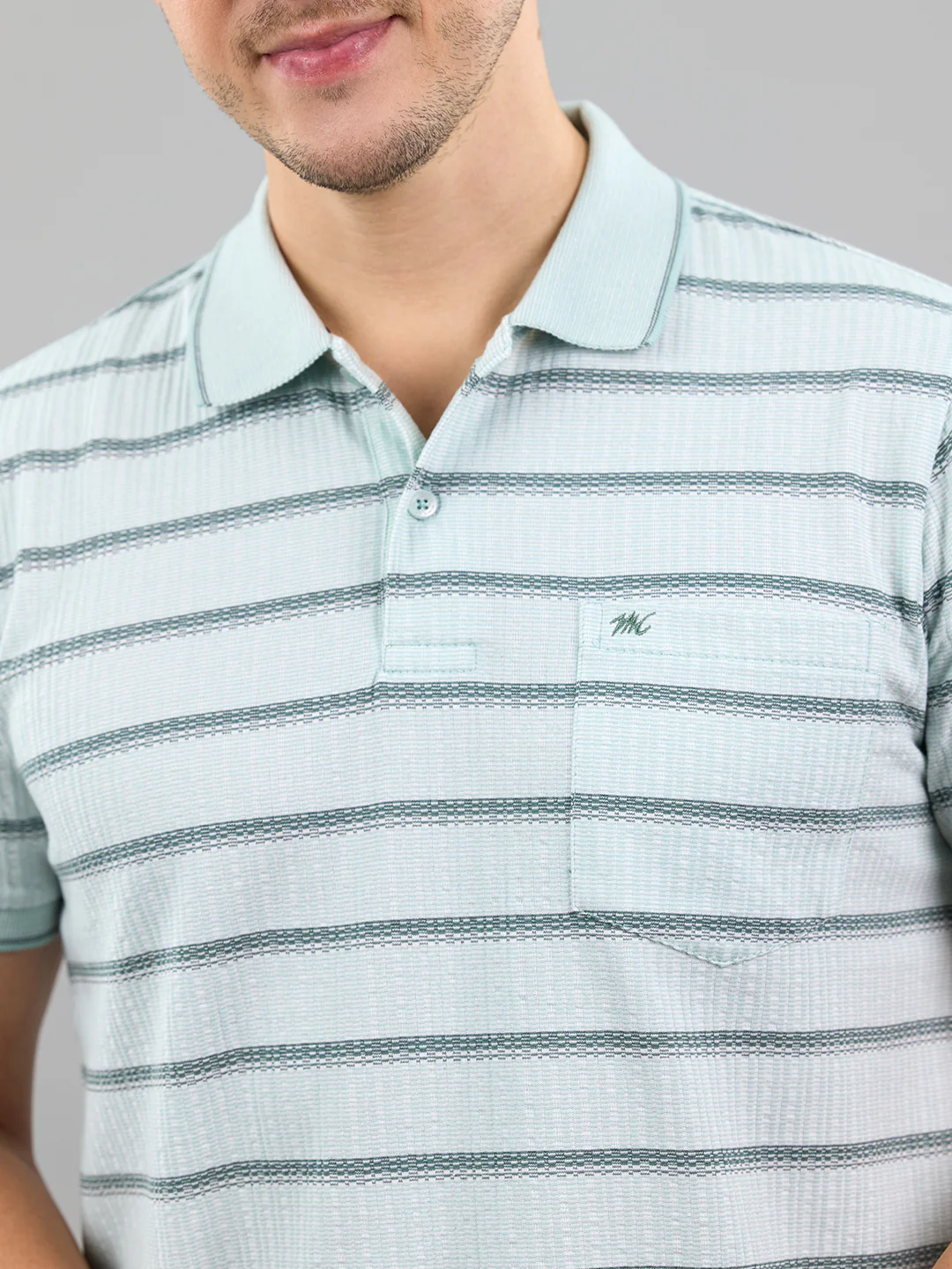 Men Sea Green Stripe Polo Collar Half Sleeve T-Shirt - Image 5