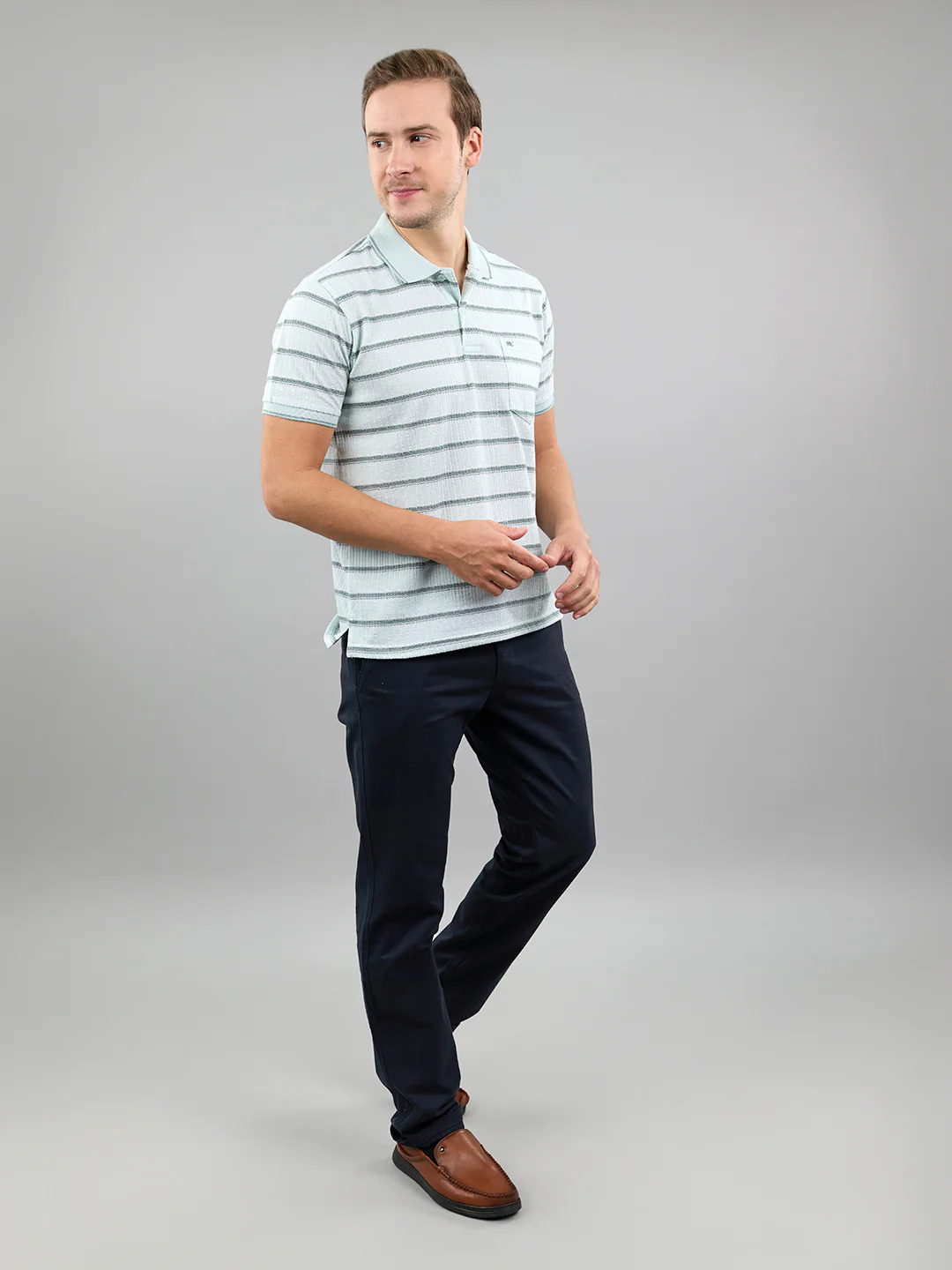 Men Sea Green Stripe Polo Collar Half Sleeve T-Shirt - Image 8
