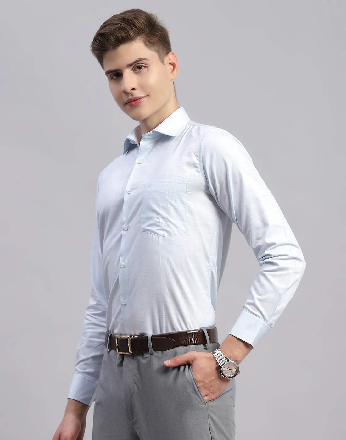Men Sky Blue Check Collar Full Sleeve Shirt - Image 3