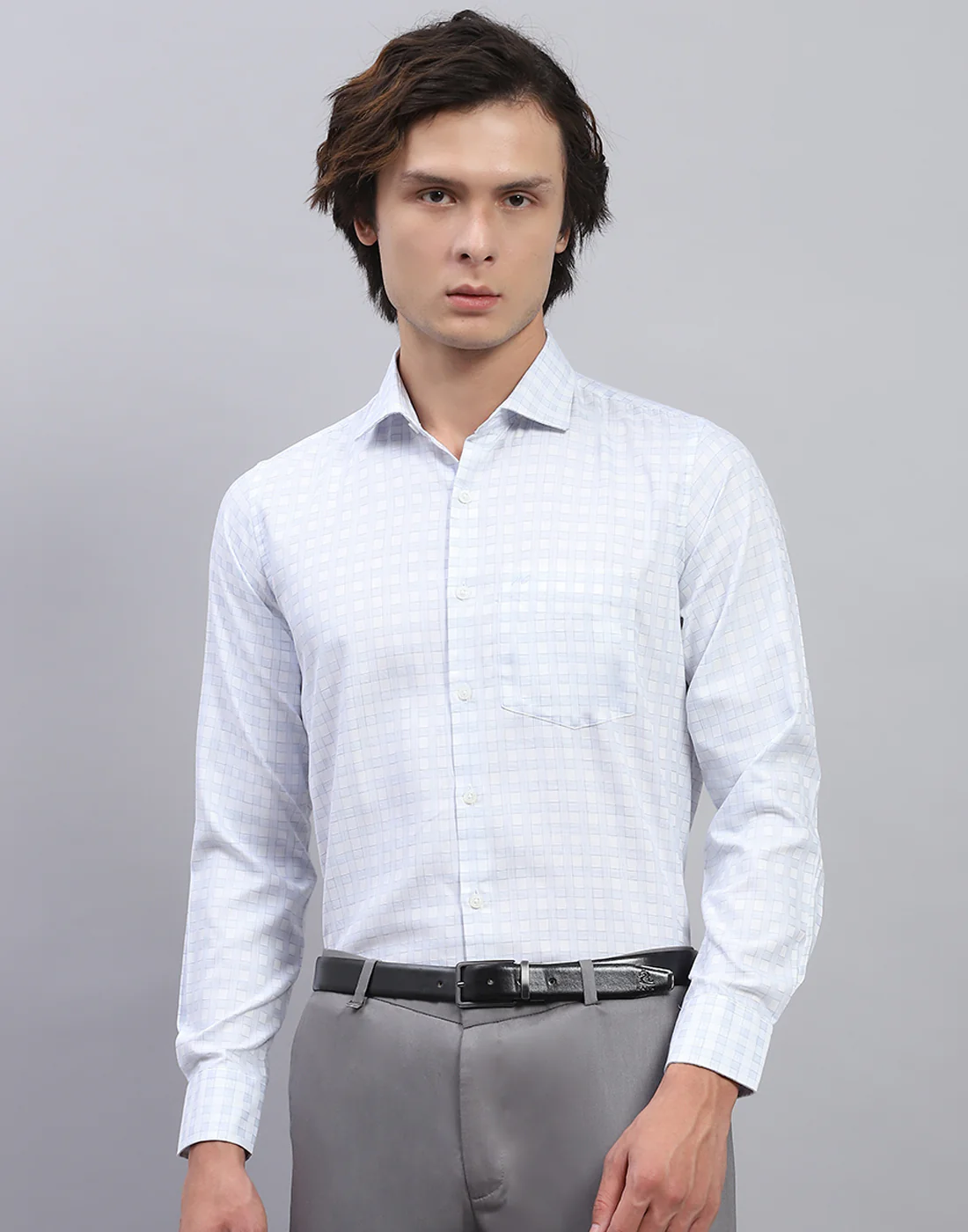 Men Sky Blue Check Collar Full Sleeve Shirt - Image 2