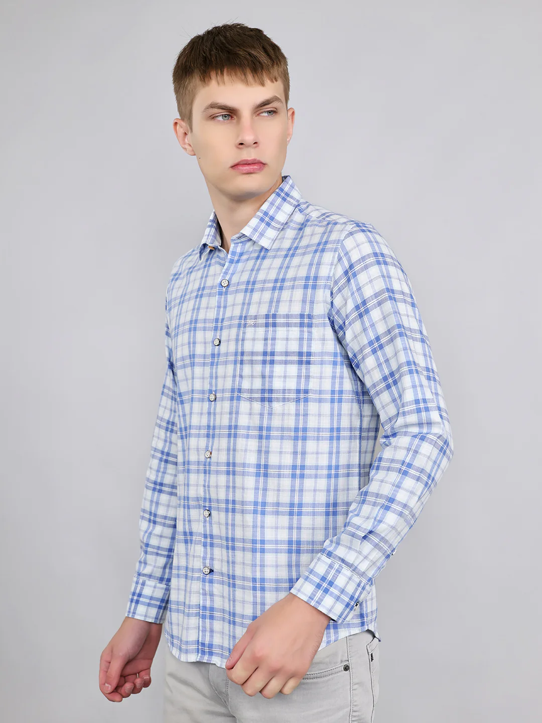 Men Sky Blue Check Collar Full Sleeve Shirt - Image 2