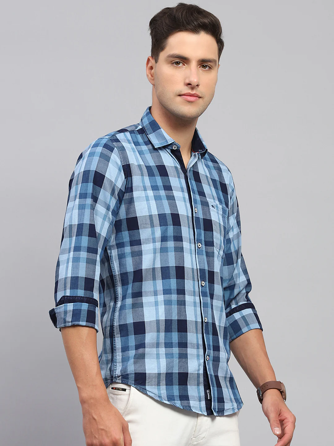 Men Sky Blue Check Spread Collar Full Sleeve Shirt - Image 4