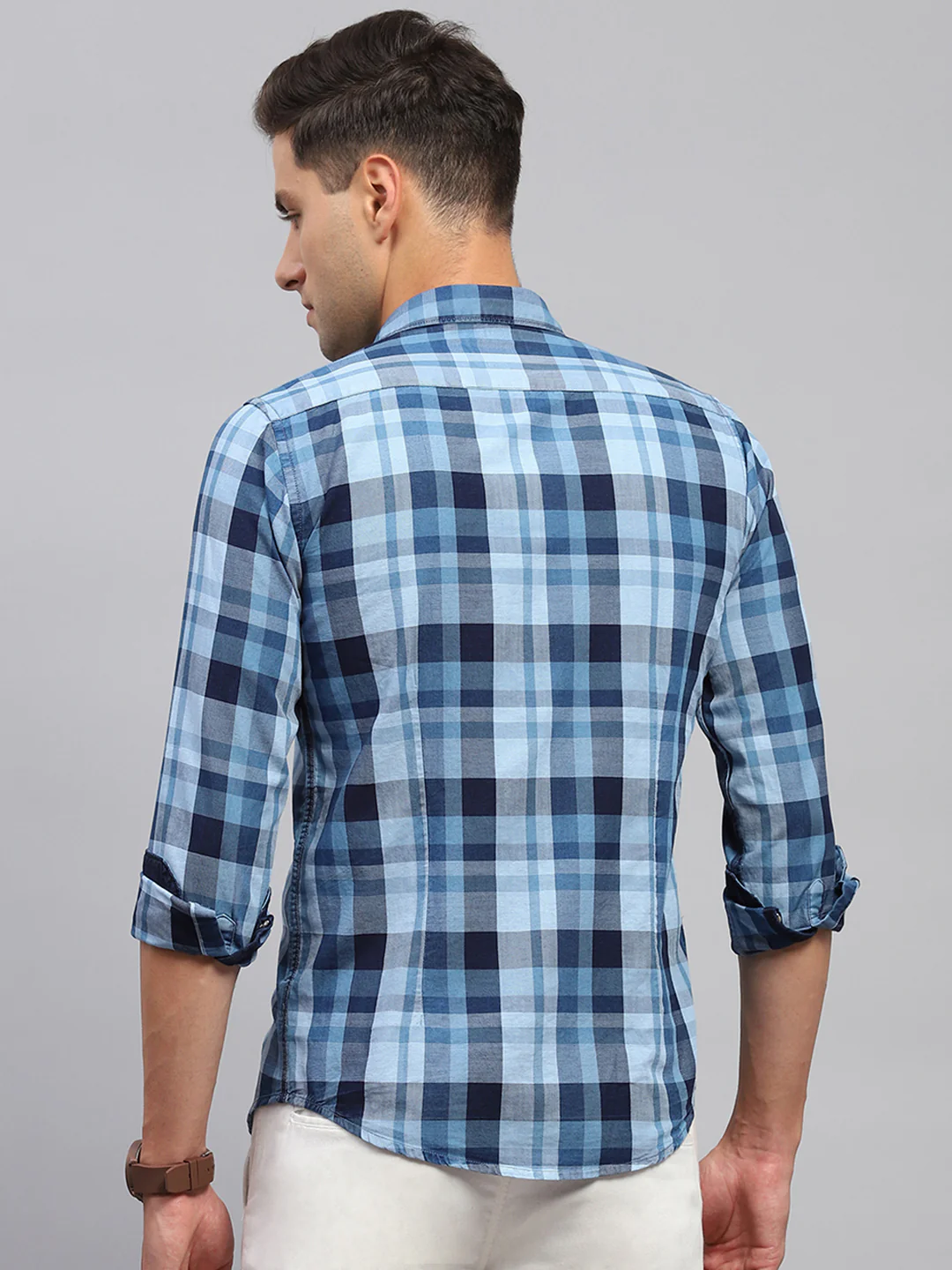 Men Sky Blue Check Spread Collar Full Sleeve Shirt - Image 5