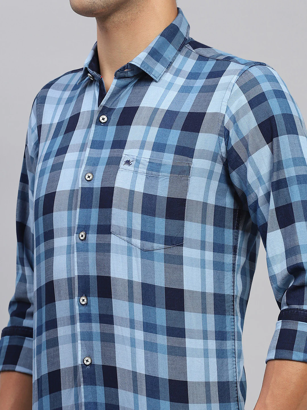 Men Sky Blue Check Spread Collar Full Sleeve Shirt - Image 6