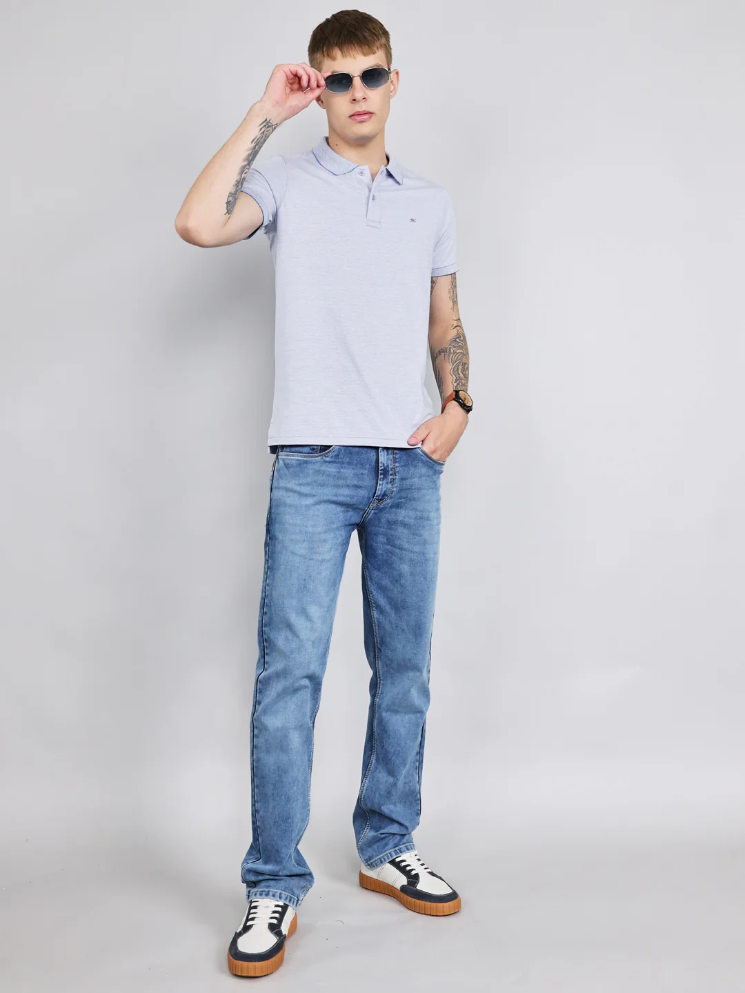 Men Sky Blue Plain Collar Half Sleeve T-Shirt - Image 6