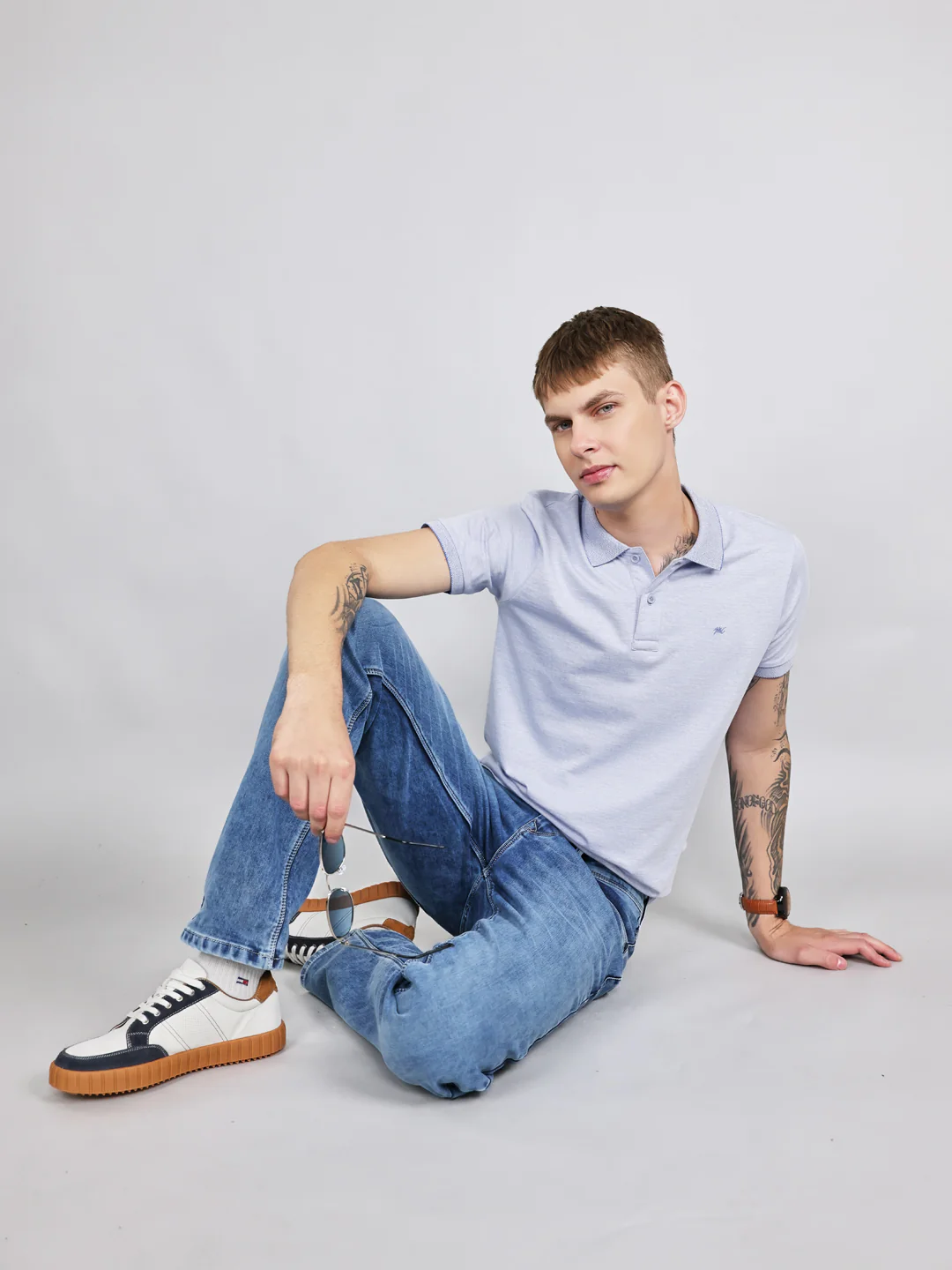 Men Sky Blue Plain Collar Half Sleeve T-Shirt - Image 7