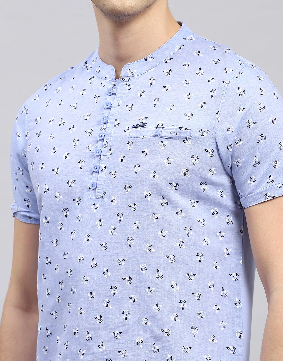 Men Sky Blue Printed Band Collar Half Sleeve Kurta - Image 6