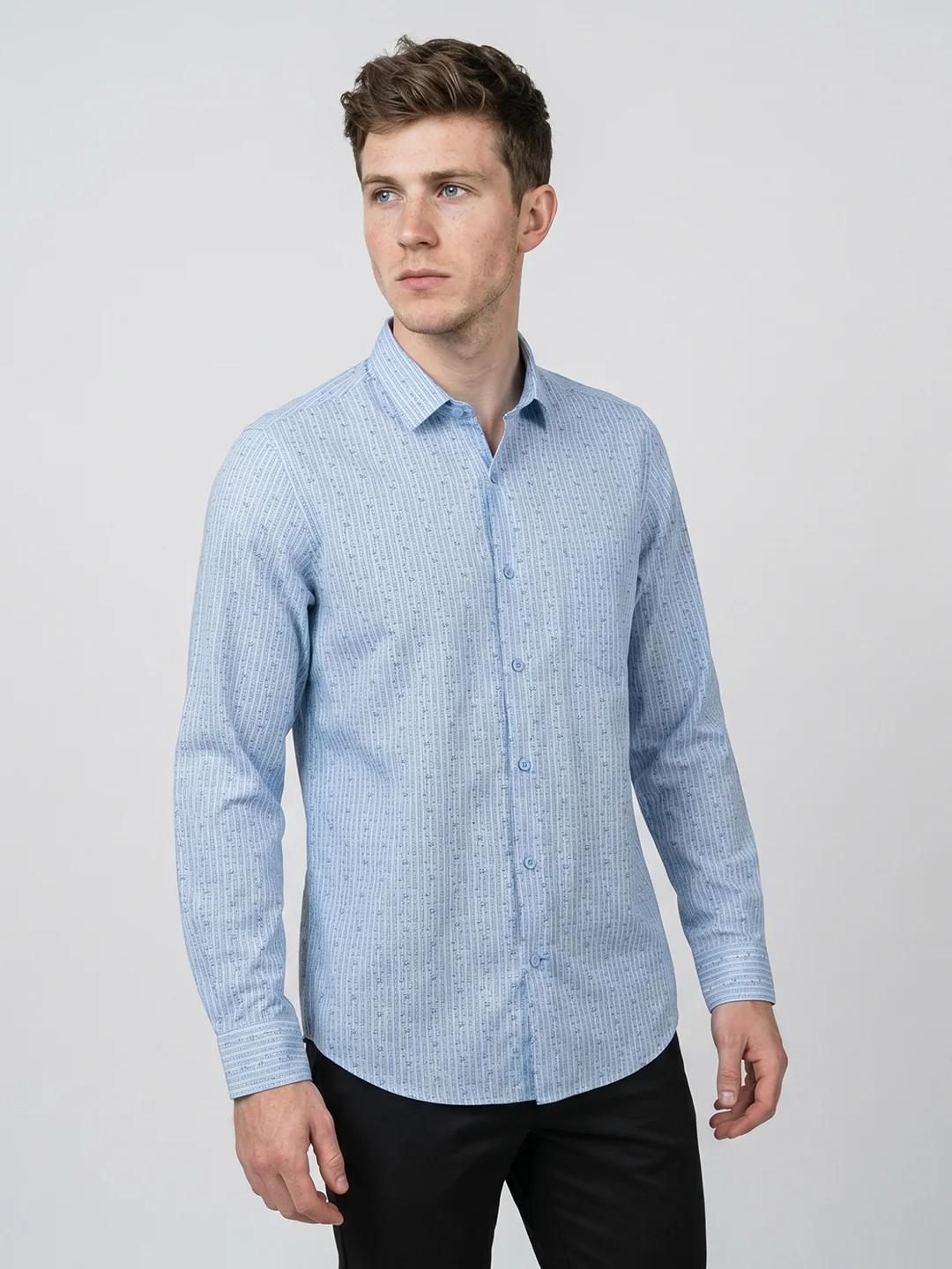 Men Sky Blue Printed Collar Full Sleeve Shirt - Image 2