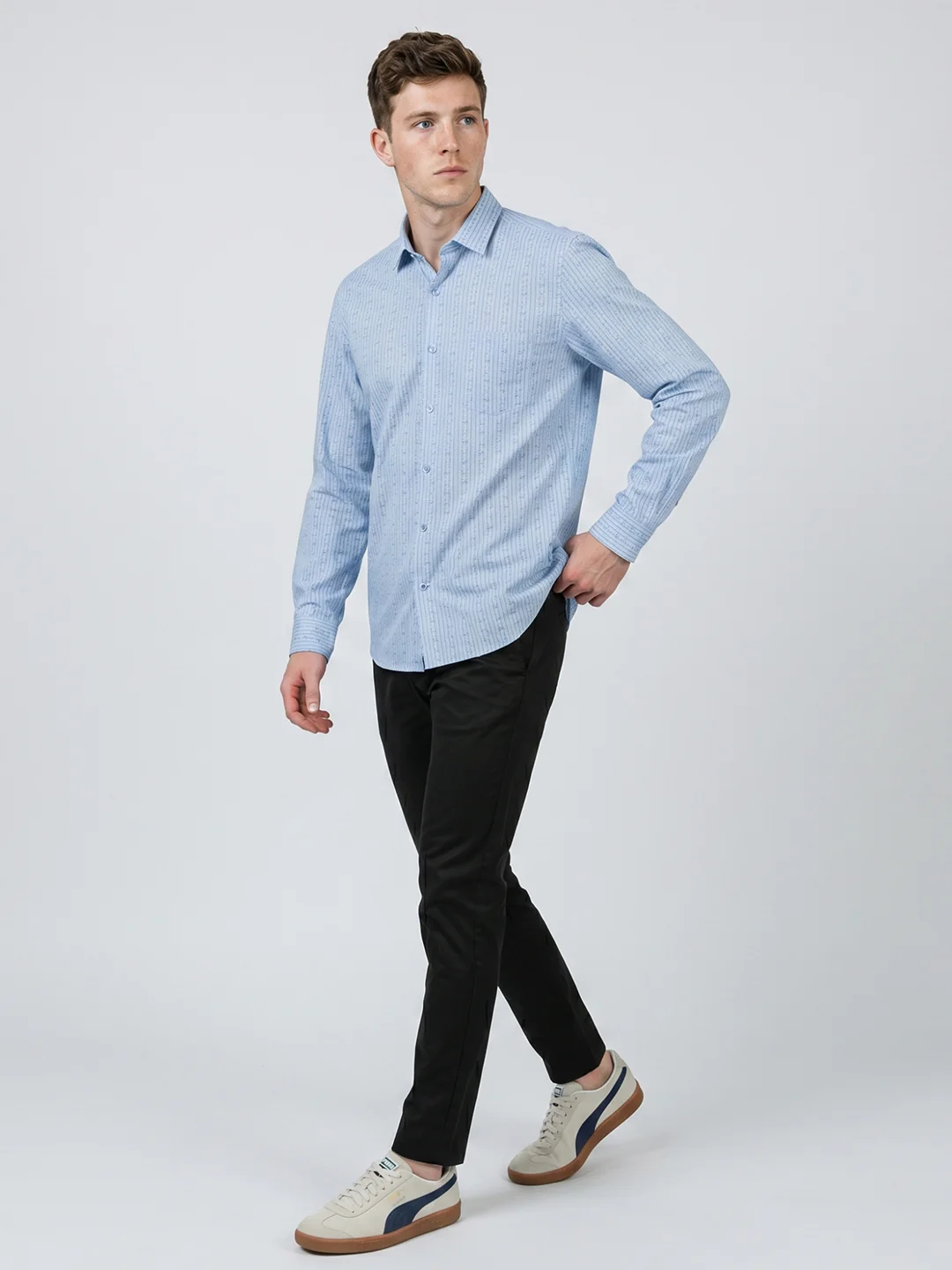 Men Sky Blue Printed Collar Full Sleeve Shirt - Image 5