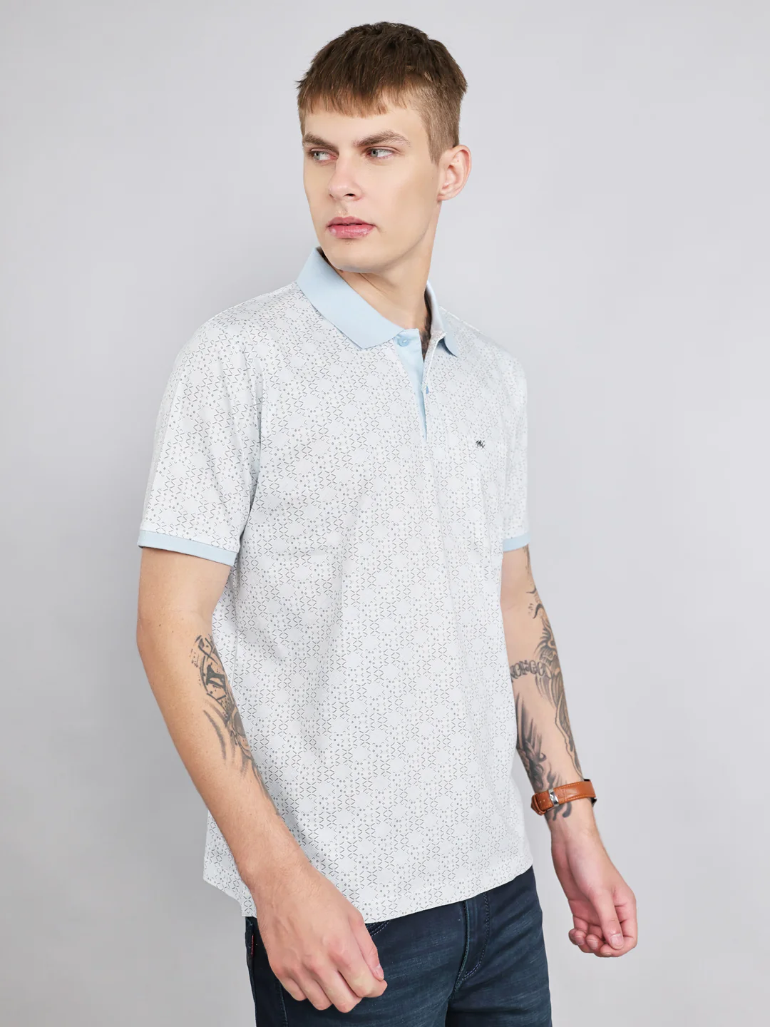 Men Sky Blue Printed Collar Half Sleeve T-Shirt - Image 2