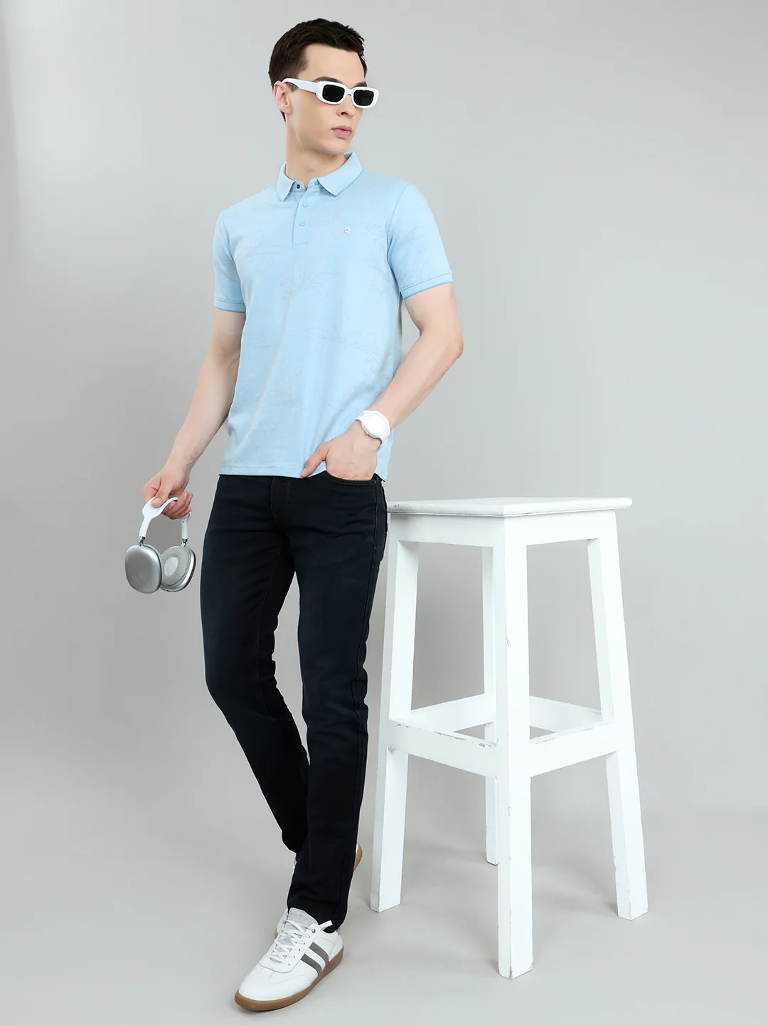 Men Sky Blue Printed Collar Half Sleeve T-Shirt - Image 6