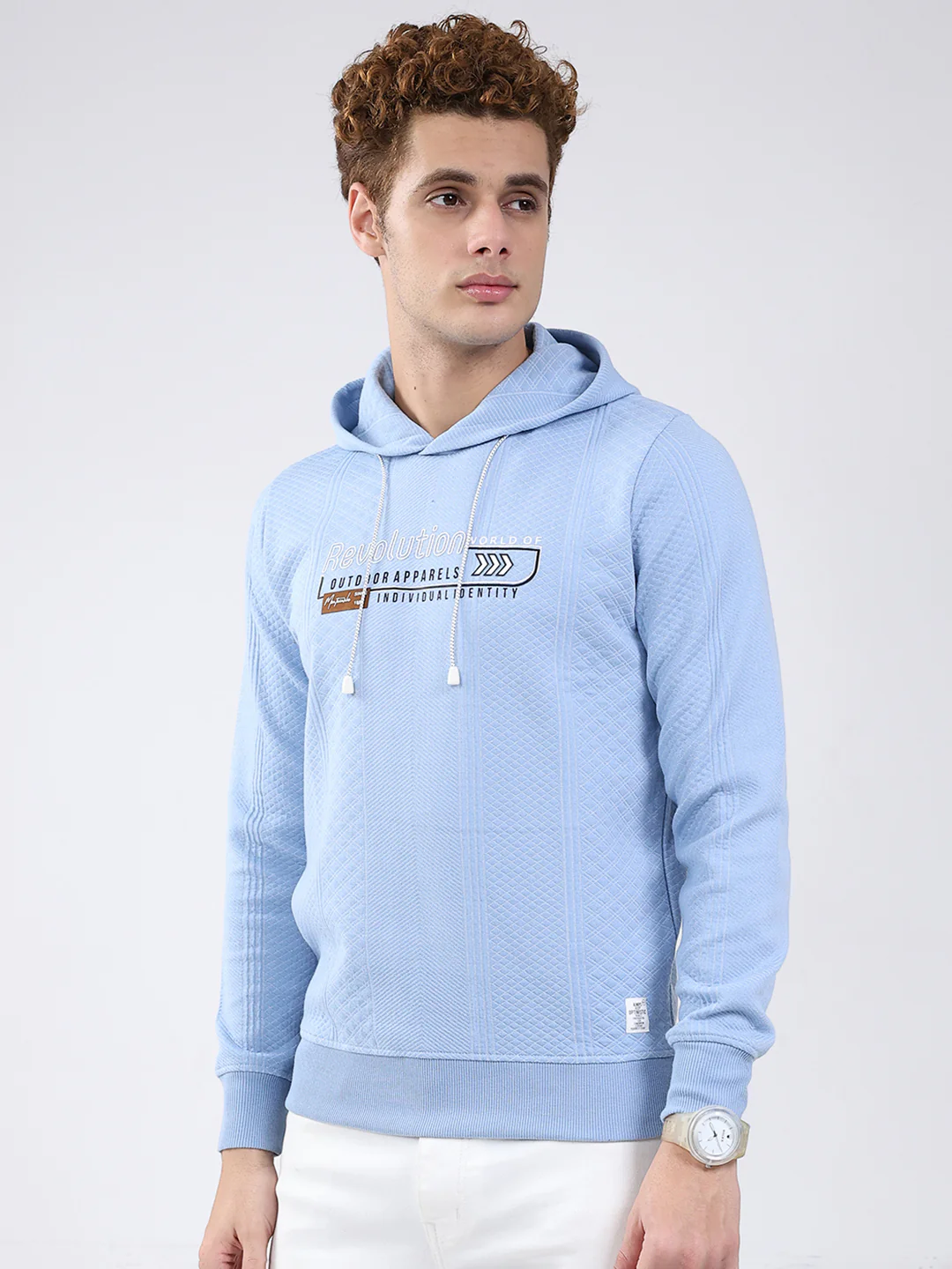 Men Sky Blue Printed Hooded Full Sleeve Sweatshirt - Image 3
