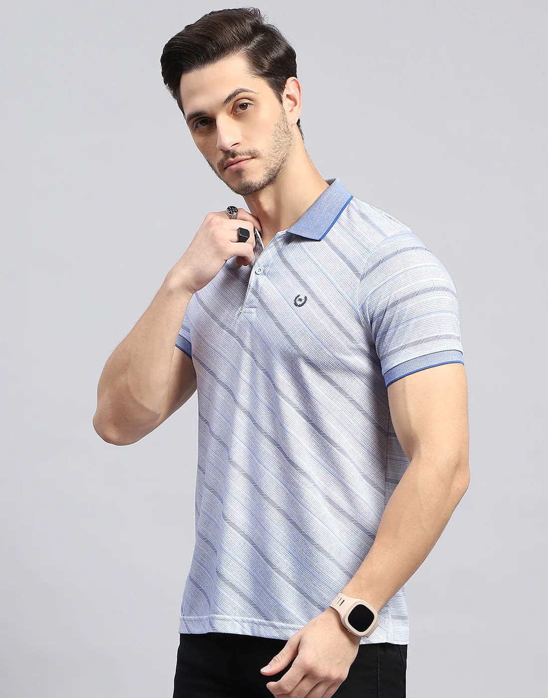 Men Sky Blue Printed Polo Collar Half Sleeve T-Shirt - Image 3