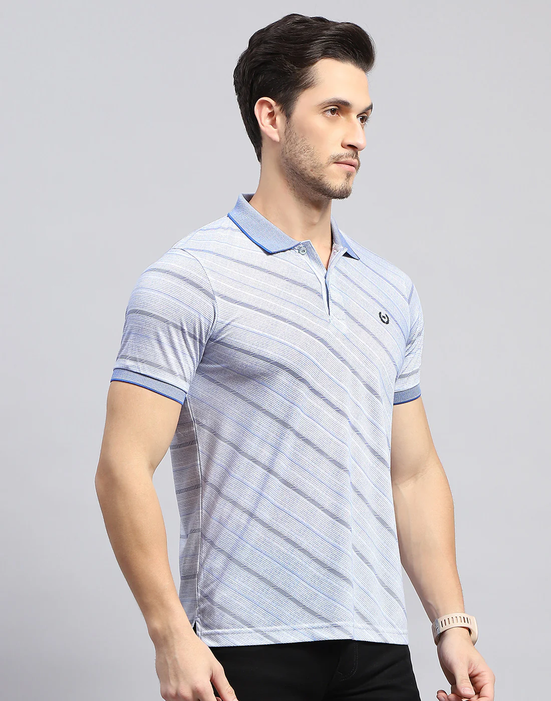 Men Sky Blue Printed Polo Collar Half Sleeve T-Shirt - Image 4